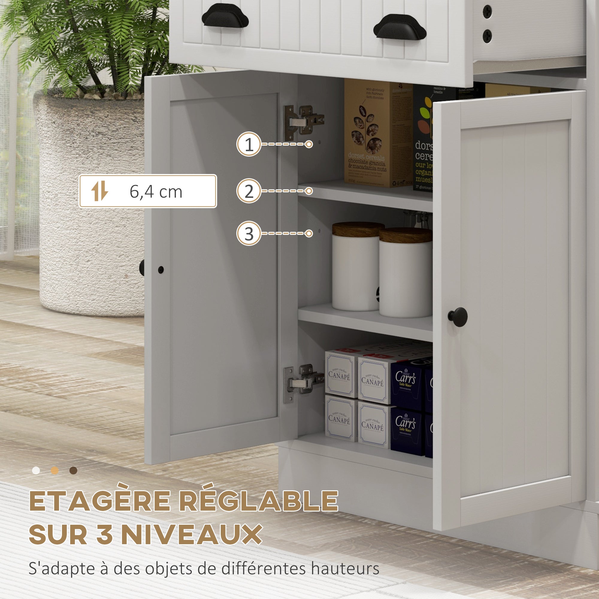 Meuble micro-ondes, armoire cuisine, étagère réglable sur 3 niveaux, avec espace ouvert, 1 tiroir et placard 2 portes, meuble de cuisine, design moderne, 61 x 35 x 125,4 cm, blanc