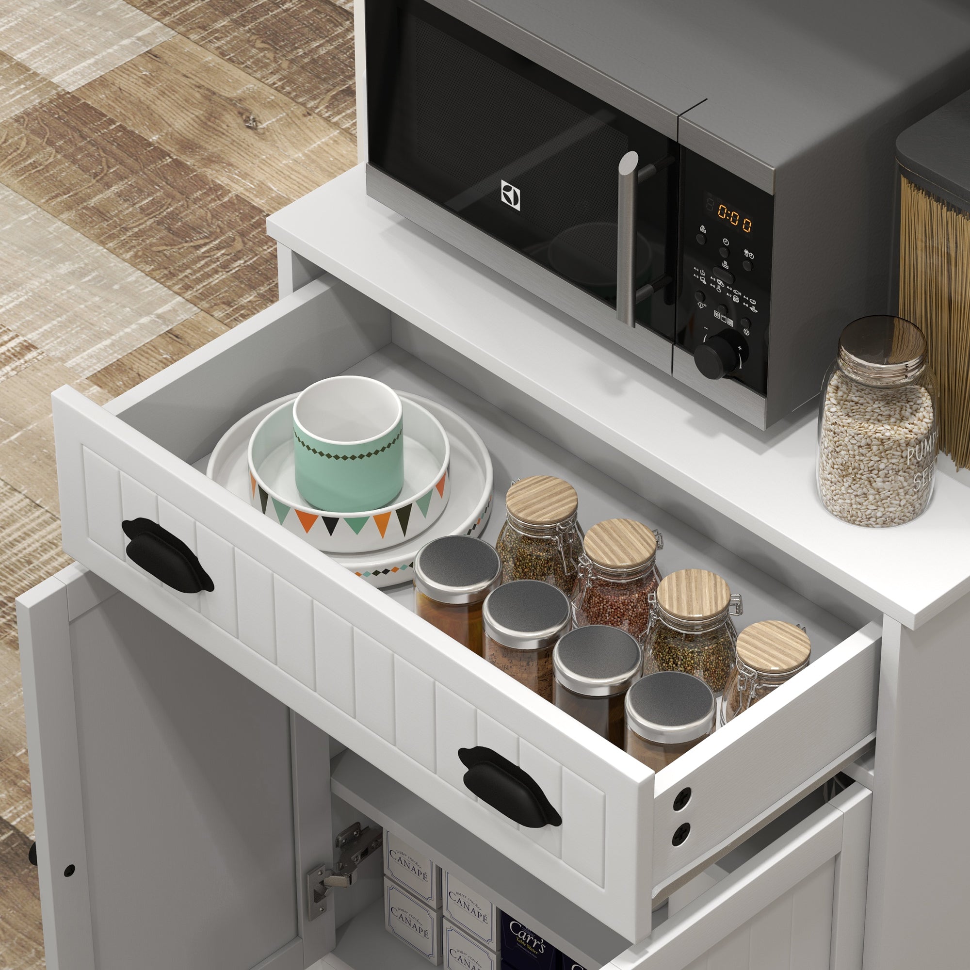 Meuble micro-ondes, armoire cuisine, étagère réglable sur 3 niveaux, avec espace ouvert, 1 tiroir et placard 2 portes, meuble de cuisine, design moderne, 61 x 35 x 125,4 cm, blanc