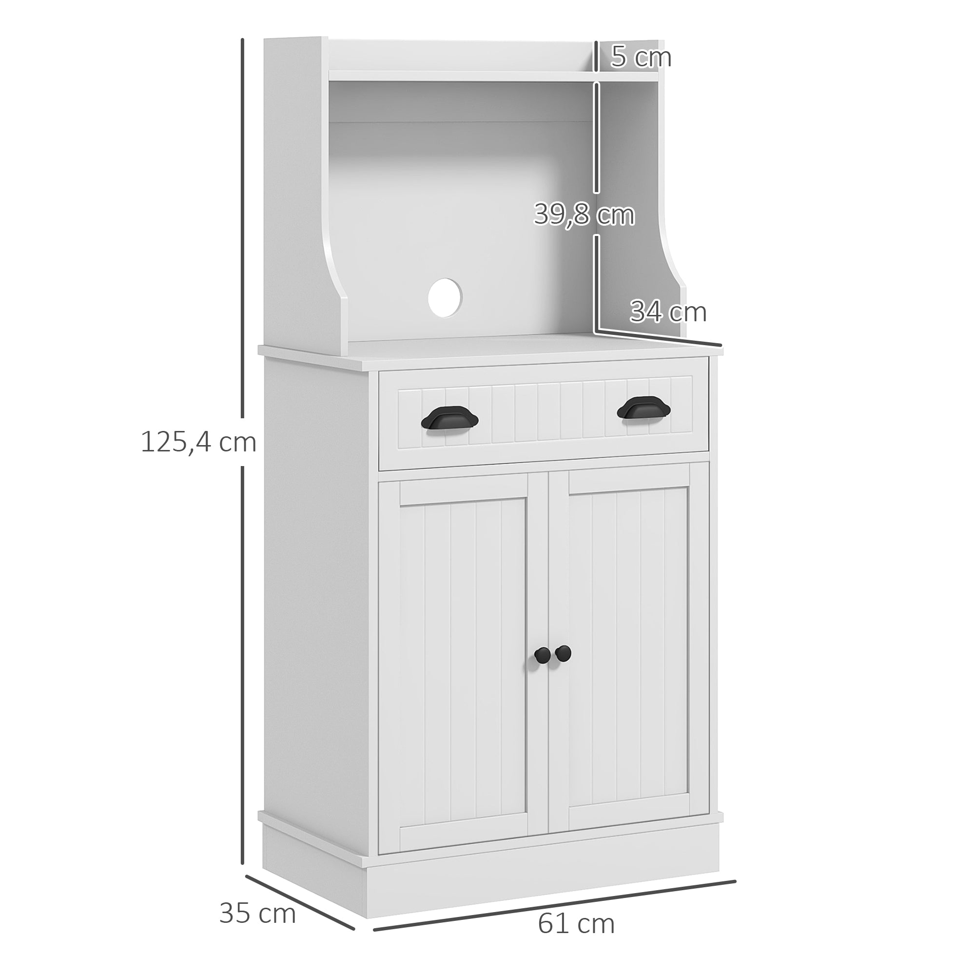 Meuble micro-ondes, armoire cuisine, étagère réglable sur 3 niveaux, avec espace ouvert, 1 tiroir et placard 2 portes, meuble de cuisine, design moderne, 61 x 35 x 125,4 cm, blanc