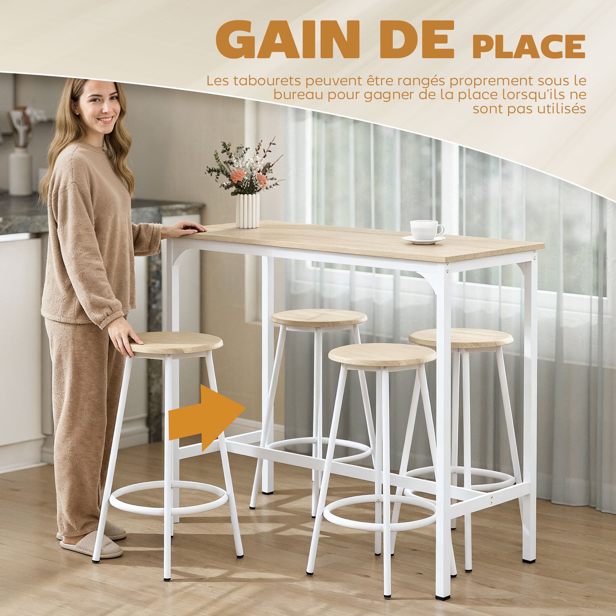 Ensemble table de bar bistrot avec 4 tabourets de bar, ensemble table haute cuisine et tabourets, avec repose-pieds, style moderne, structutre en métal, pour cuisine, salle à manger, naturel