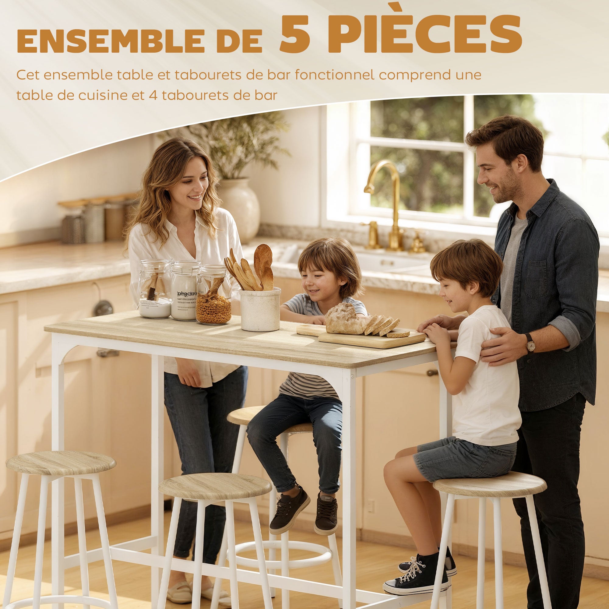 Ensemble table de bar bistrot avec 4 tabourets de bar, ensemble table haute cuisine et tabourets, avec repose-pieds, style moderne, structutre en métal, pour cuisine, salle à manger, naturel