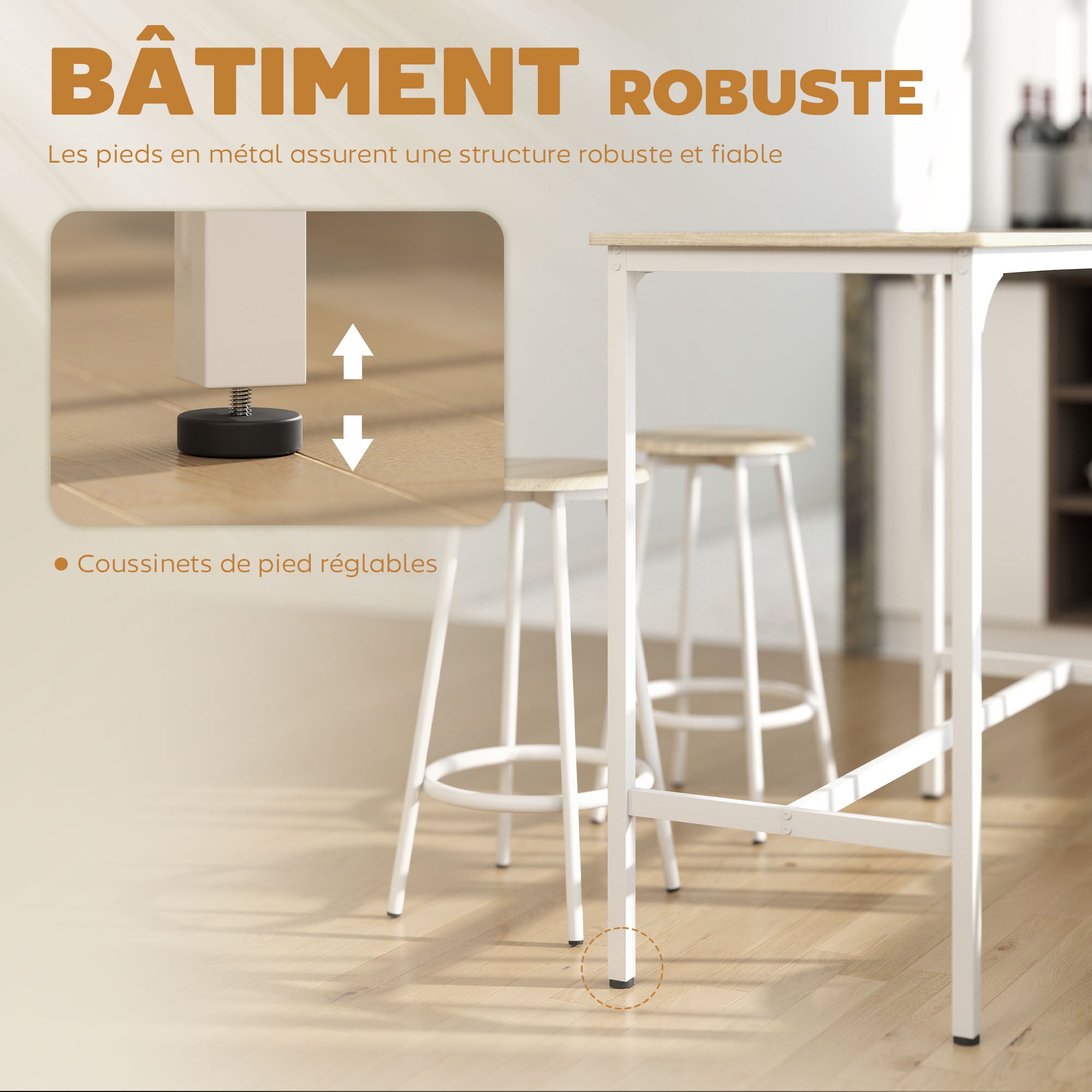 Ensemble table de bar bistrot avec 4 tabourets de bar, ensemble table haute cuisine et tabourets, avec repose-pieds, style moderne, structutre en métal, pour cuisine, salle à manger, naturel