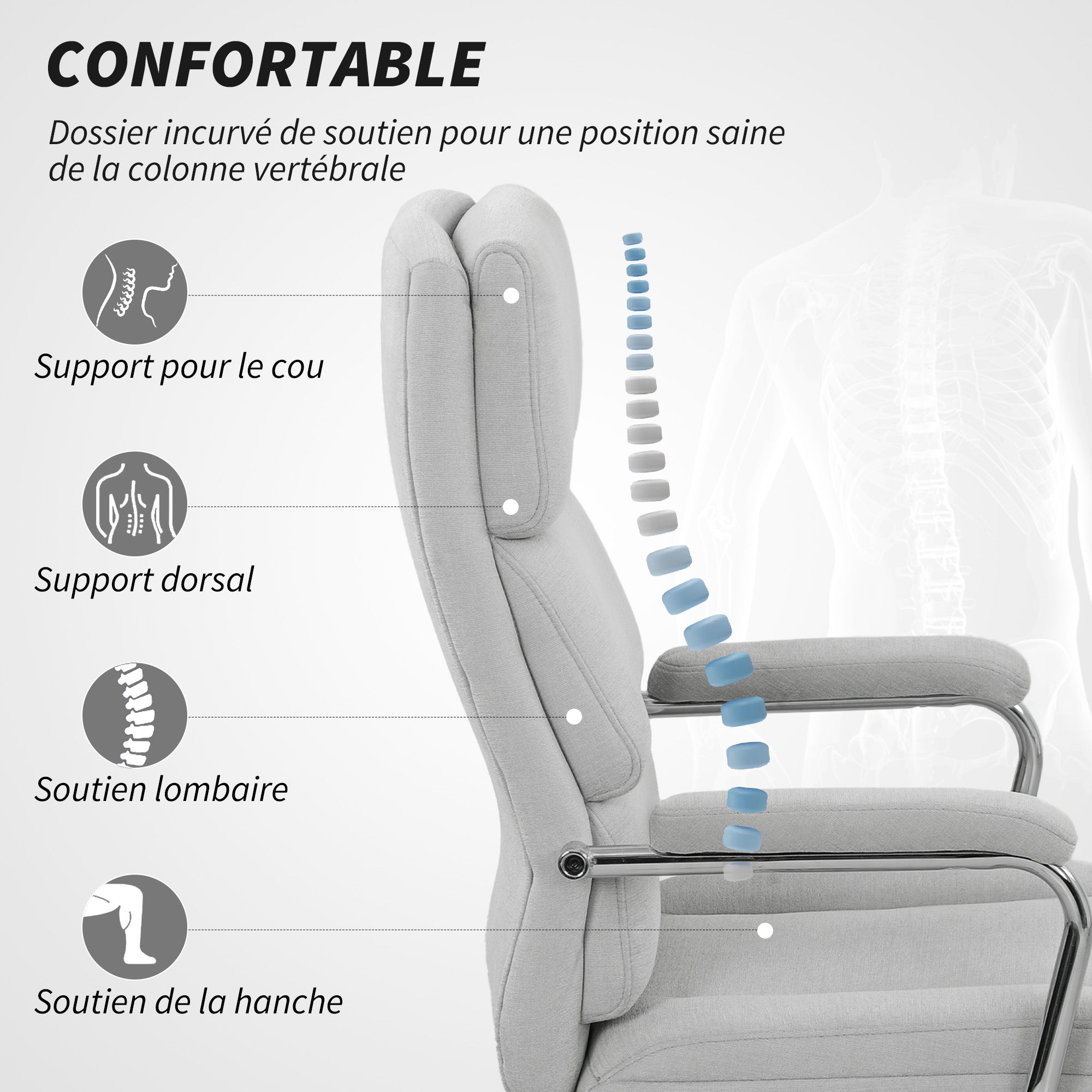 Fauteuil de bureau, chaise de bureau ergonomique avec hauteur réglable, fonction de bascule, tissu en lin, chaise d'ordinateur pour chambre, télétravail, charge 120 Kg, gris clair