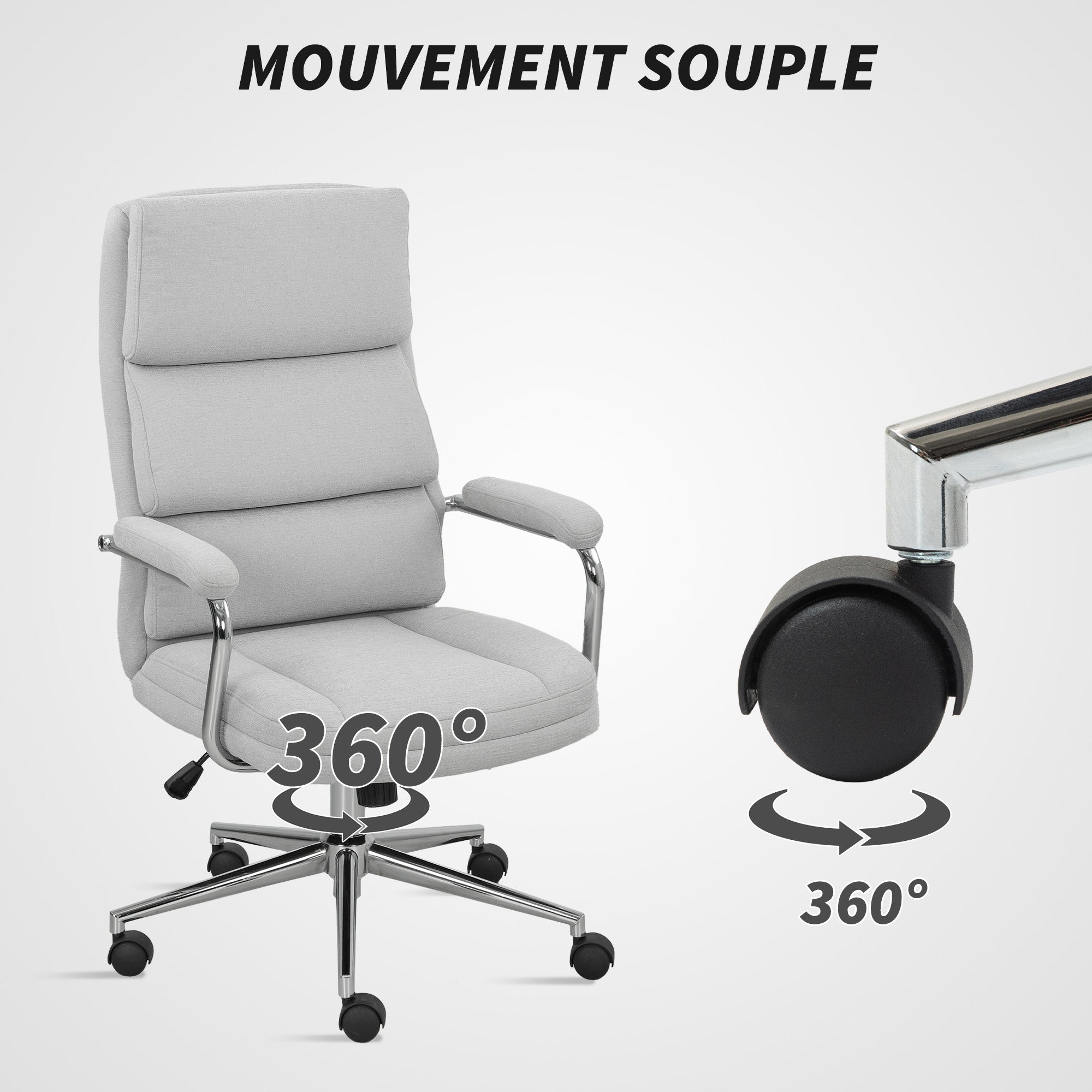 Fauteuil de bureau, chaise de bureau ergonomique avec hauteur réglable, fonction de bascule, tissu en lin, chaise d'ordinateur pour chambre, télétravail, charge 120 Kg, gris clair
