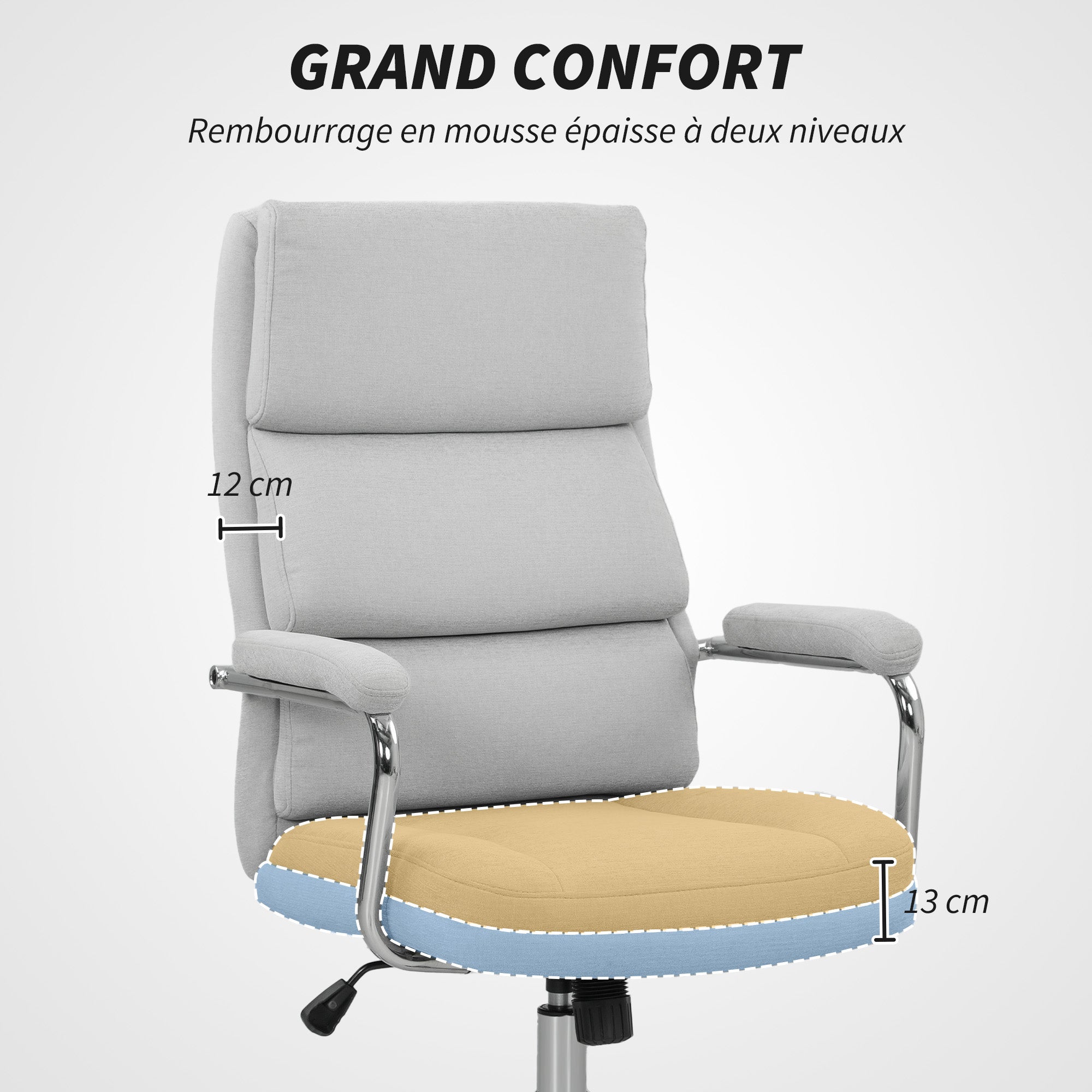 Fauteuil de bureau, chaise de bureau ergonomique avec hauteur réglable, fonction de bascule, tissu en lin, chaise d'ordinateur pour chambre, télétravail, charge 120 Kg, gris clair