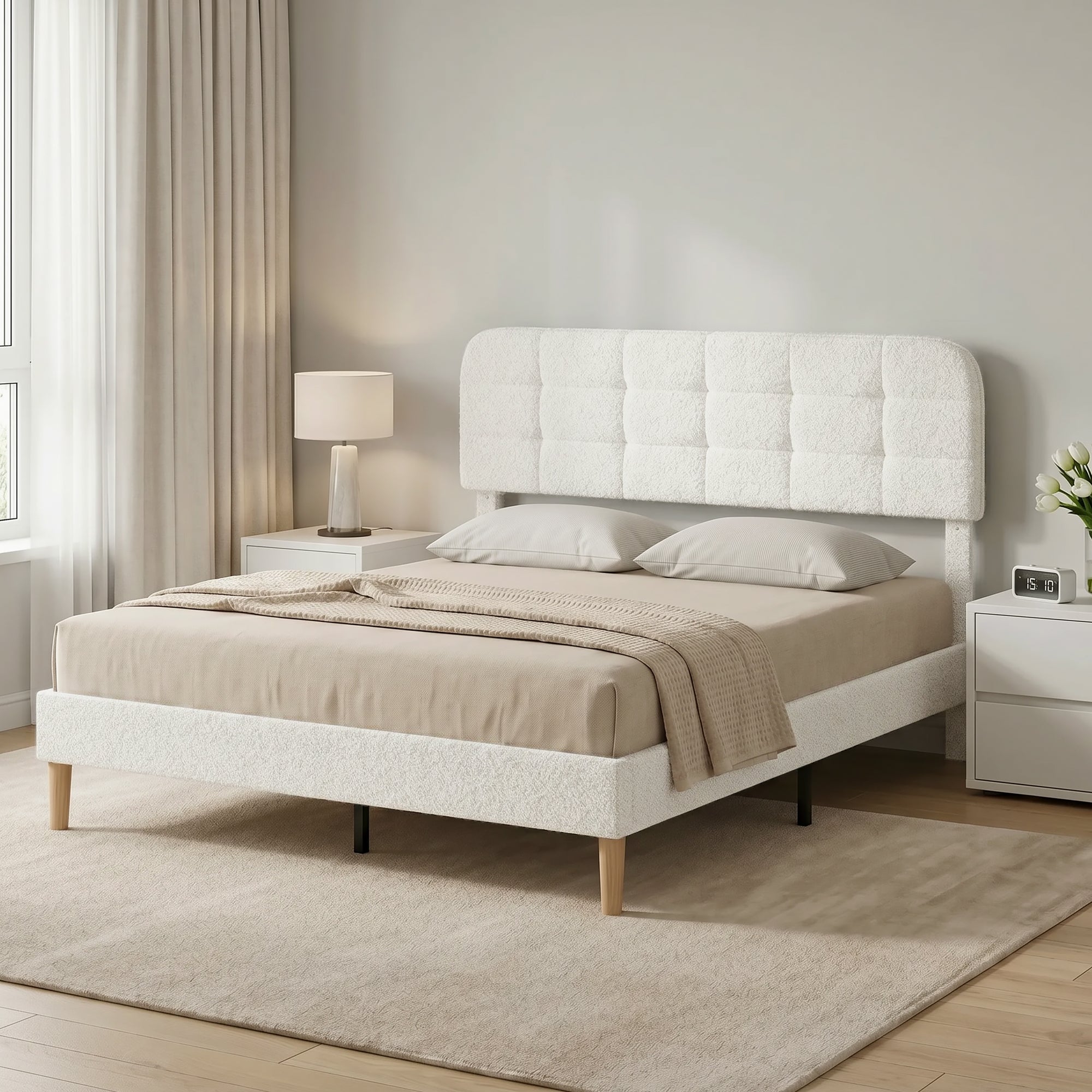 Cadre de lit 160 x 200 cm avec sommier, lit double rembourré en velours boucle, tête de lit réglable, support à lattes en bois, rangement au-dessous, sans bruit, montage facile, blanc