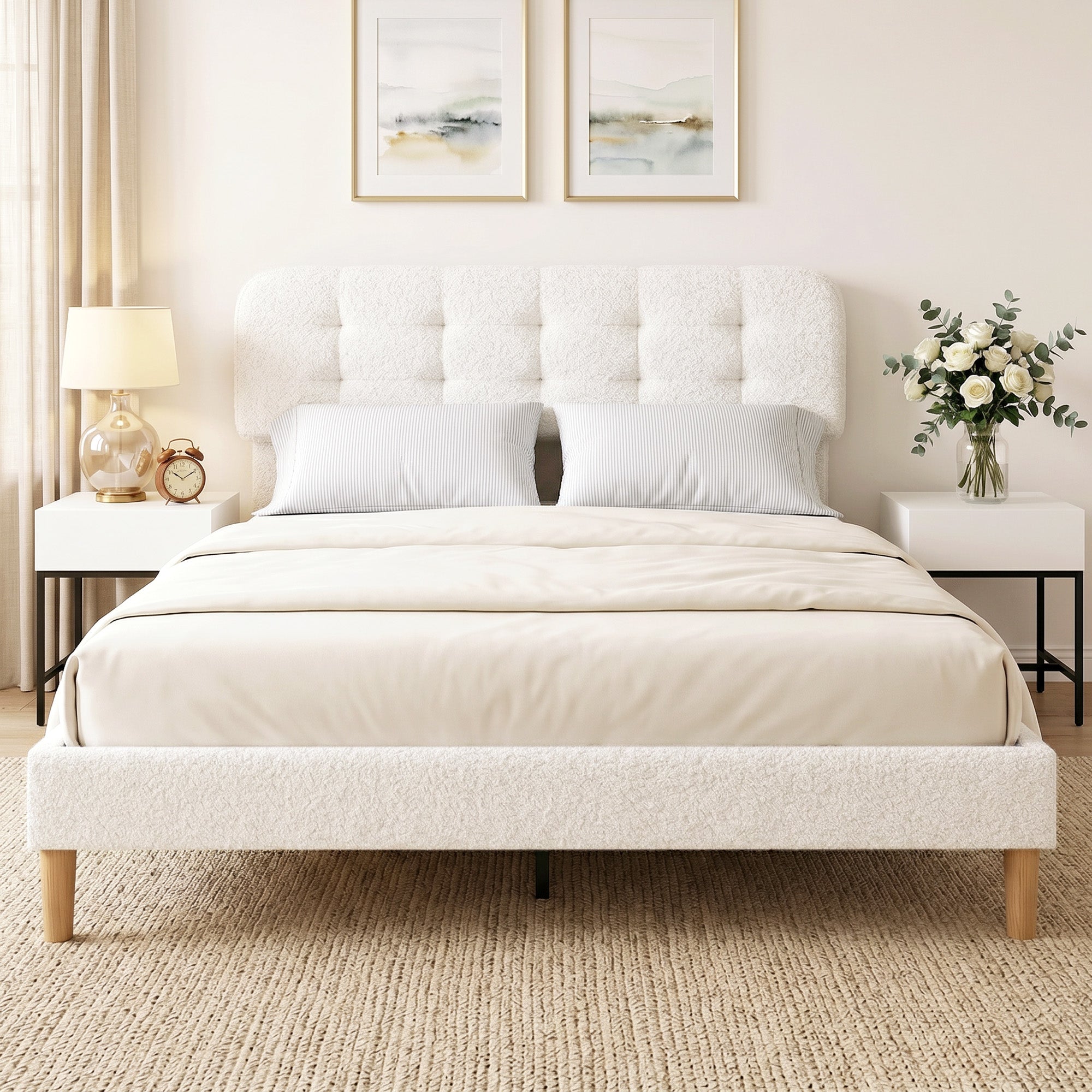 Cadre de lit 160 x 200 cm avec sommier, lit double rembourré en velours boucle, tête de lit réglable, support à lattes en bois, rangement au-dessous, sans bruit, montage facile, blanc