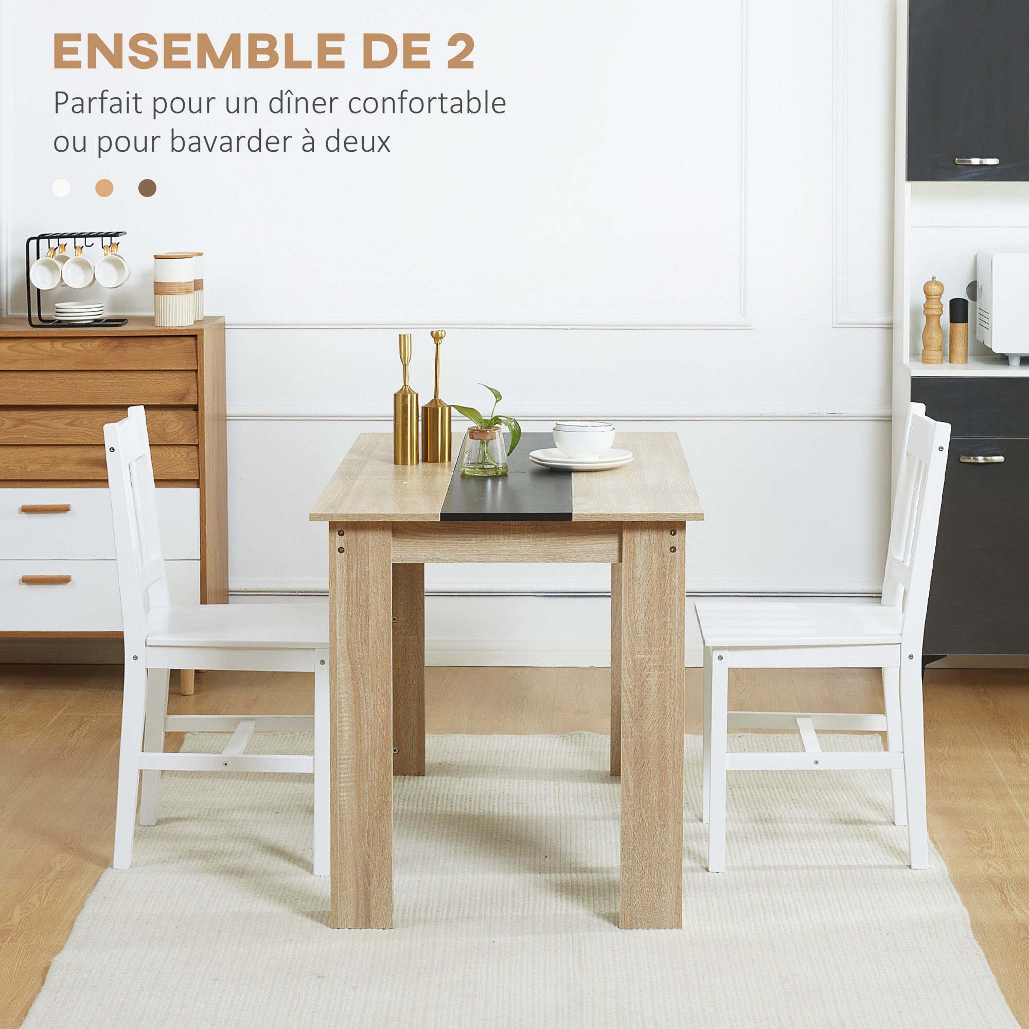 Lot de 2 chaises de salle à manger en bois massif, chaise de cuisine, dossier lattes, esprit campagne, pour salon, salle de séjour, cuisine, blanc