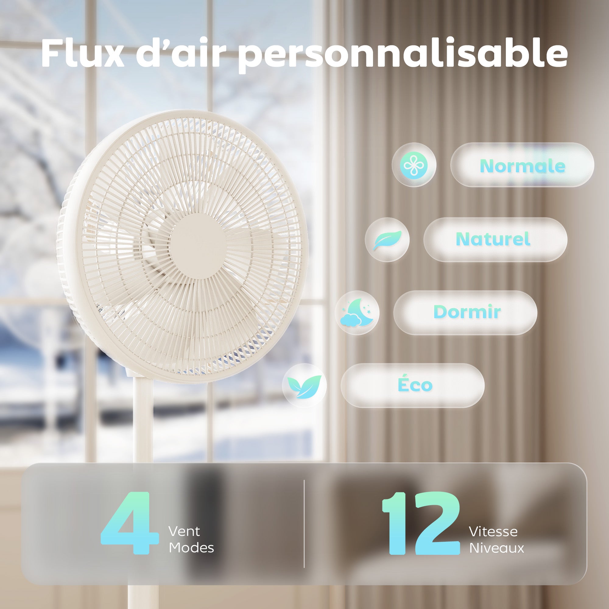 Ventilateur sur pied, ventilateur 39 cm avec 12 vitesses, 4 modes, minuterie 9H, oscillant 120°, hauteur réglable et télécommande magnétique, pour chambre, salon, bureau, blanc