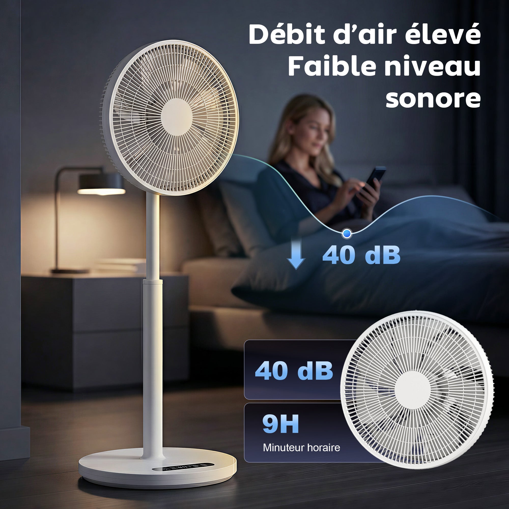 Ventilateur sur pied, ventilateur 39 cm avec 12 vitesses, 4 modes, minuterie 9H, oscillant 120°, hauteur réglable et télécommande magnétique, pour chambre, salon, bureau, blanc