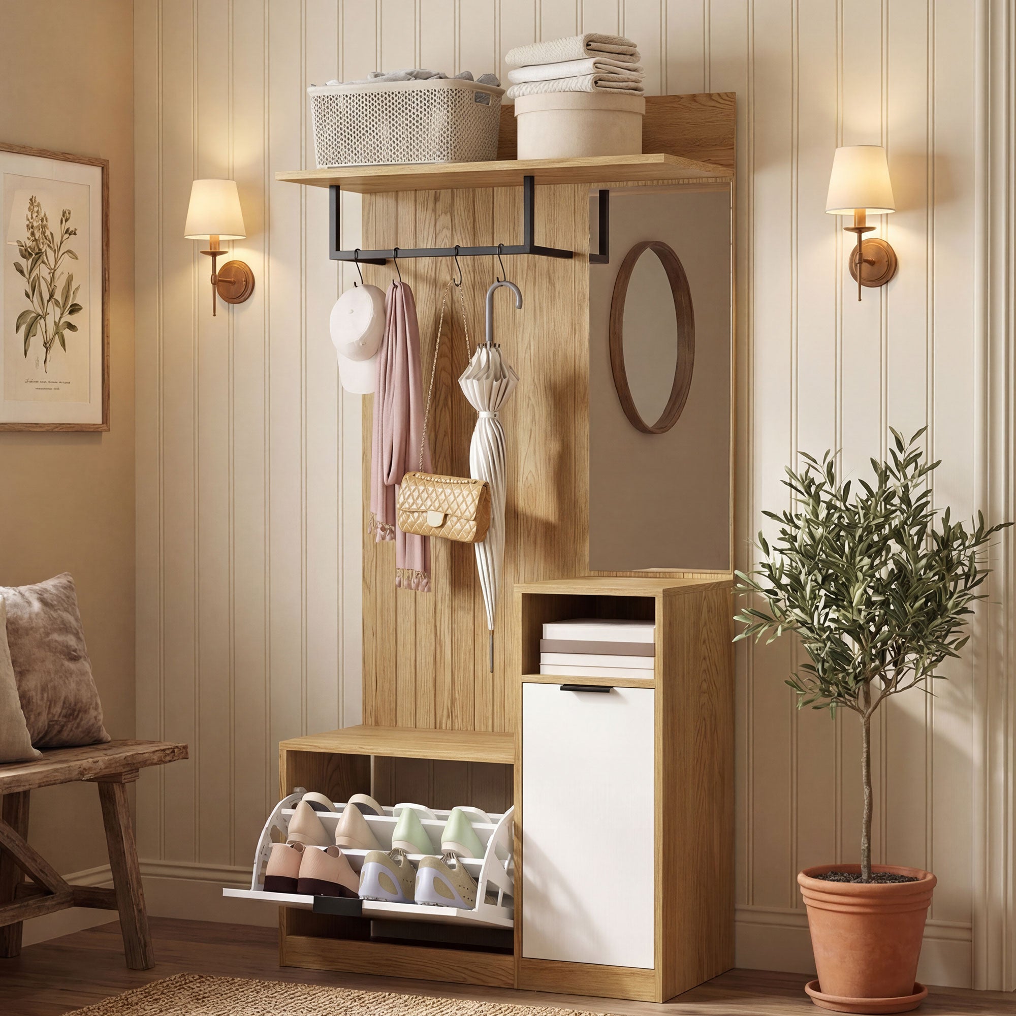 Meuble d'entrée 6 en 1, vestiaire d'entrée avec banc à chaussures rabattable, miroir, étagères, placard et patère, style moderne, porte-manteau pour couloir, chambre, salon, 80x37x168cm, chêne