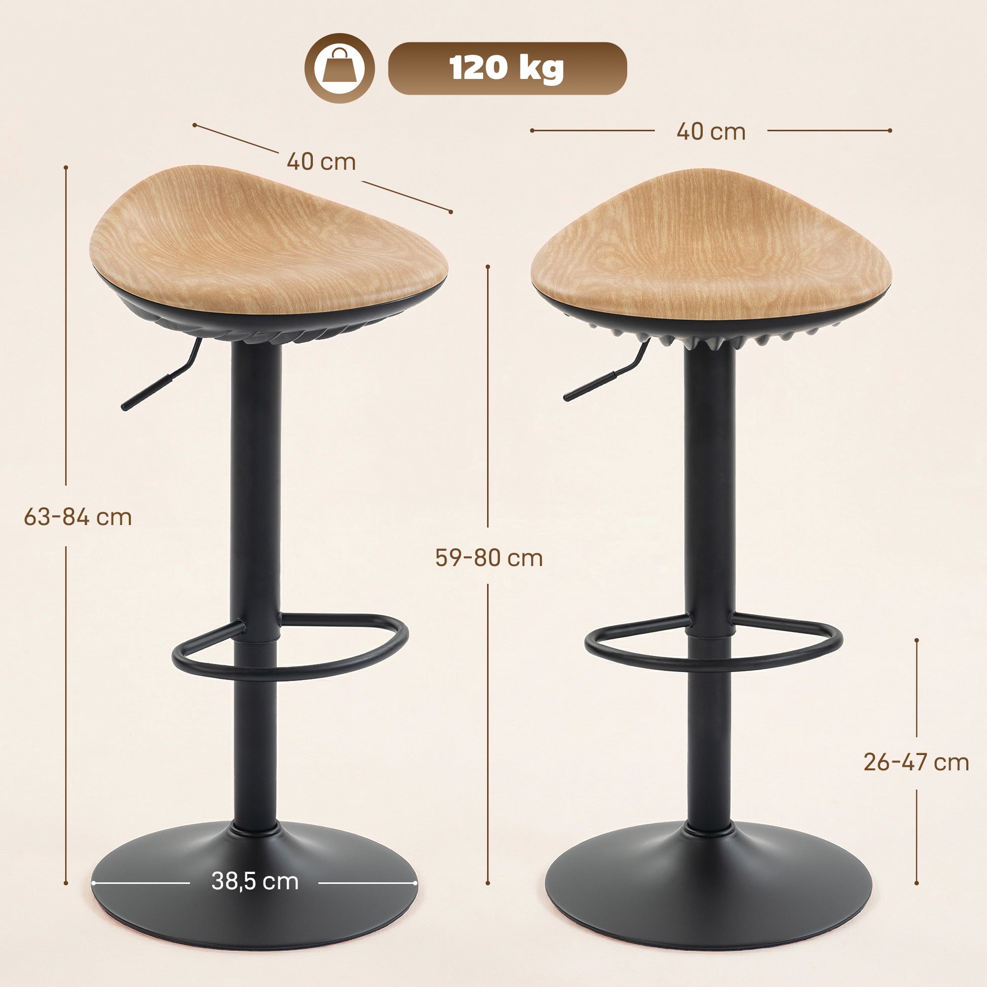 Lot de 2 tabourets de bar, chaises de bar réglables en hauteur, repose-pieds, pivotant 360°, assise selle effet bois en PU, base en acier, pour salle à manger, comptoir, 40x40x63-84cm, chêne