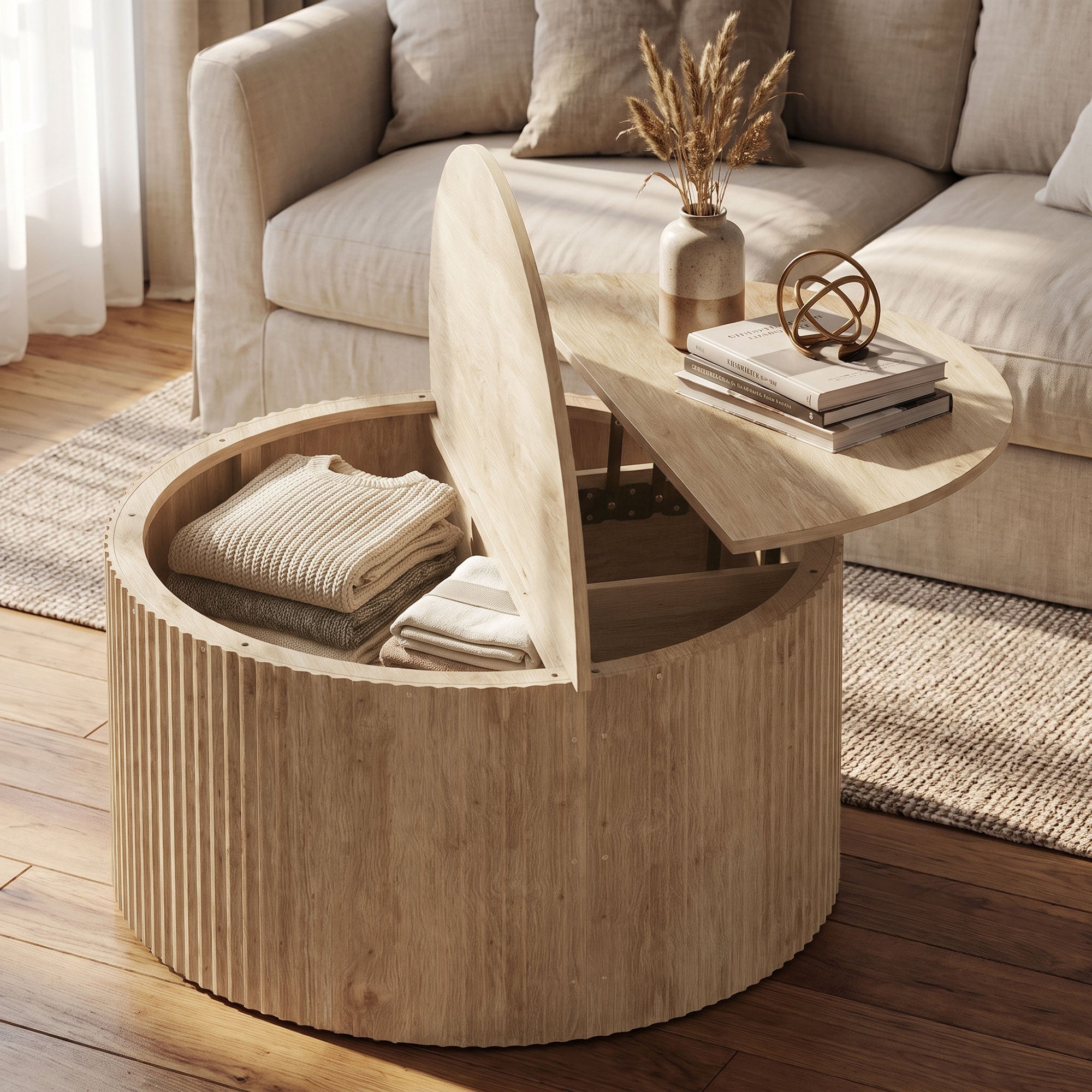 Table basse relevable, table de salon avec compartiment caché et plateau à fermeture douce, style moderne, pour salon, bureau, 80 x 80 x 42 cm, bois naturel