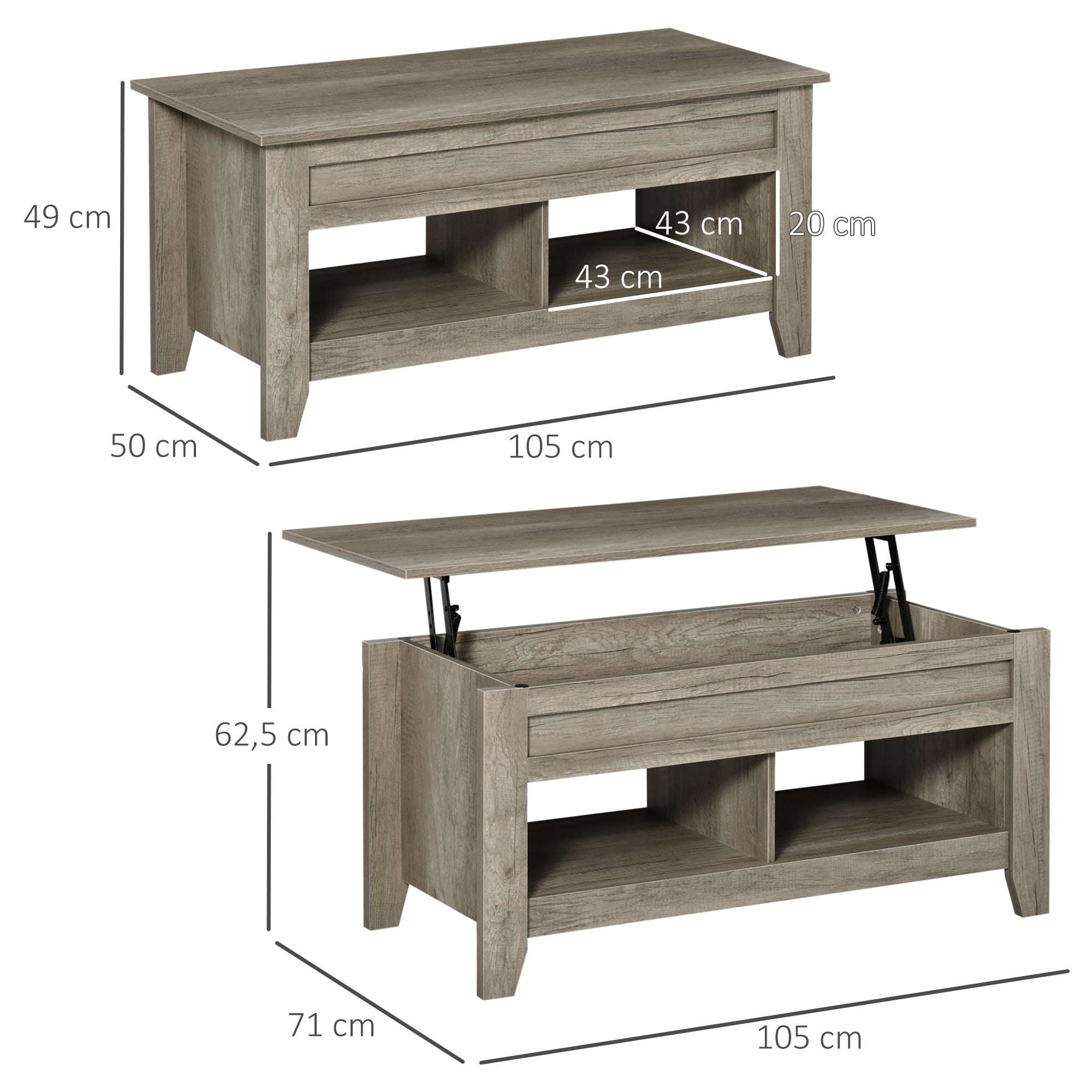Table basse plateau relevable, table de salon avec étagères et compartiment caché,105 x 50 x 49-62,5 cm pour salon, chambre, aspect chêne clair