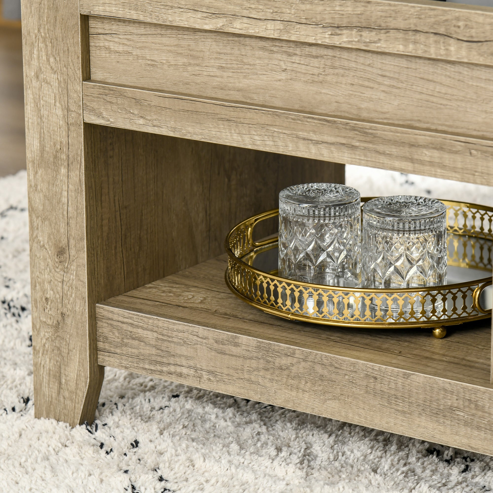 Table basse plateau relevable, table de salon avec étagères et compartiment caché,105 x 50 x 49-62,5 cm pour salon, chambre, aspect chêne clair