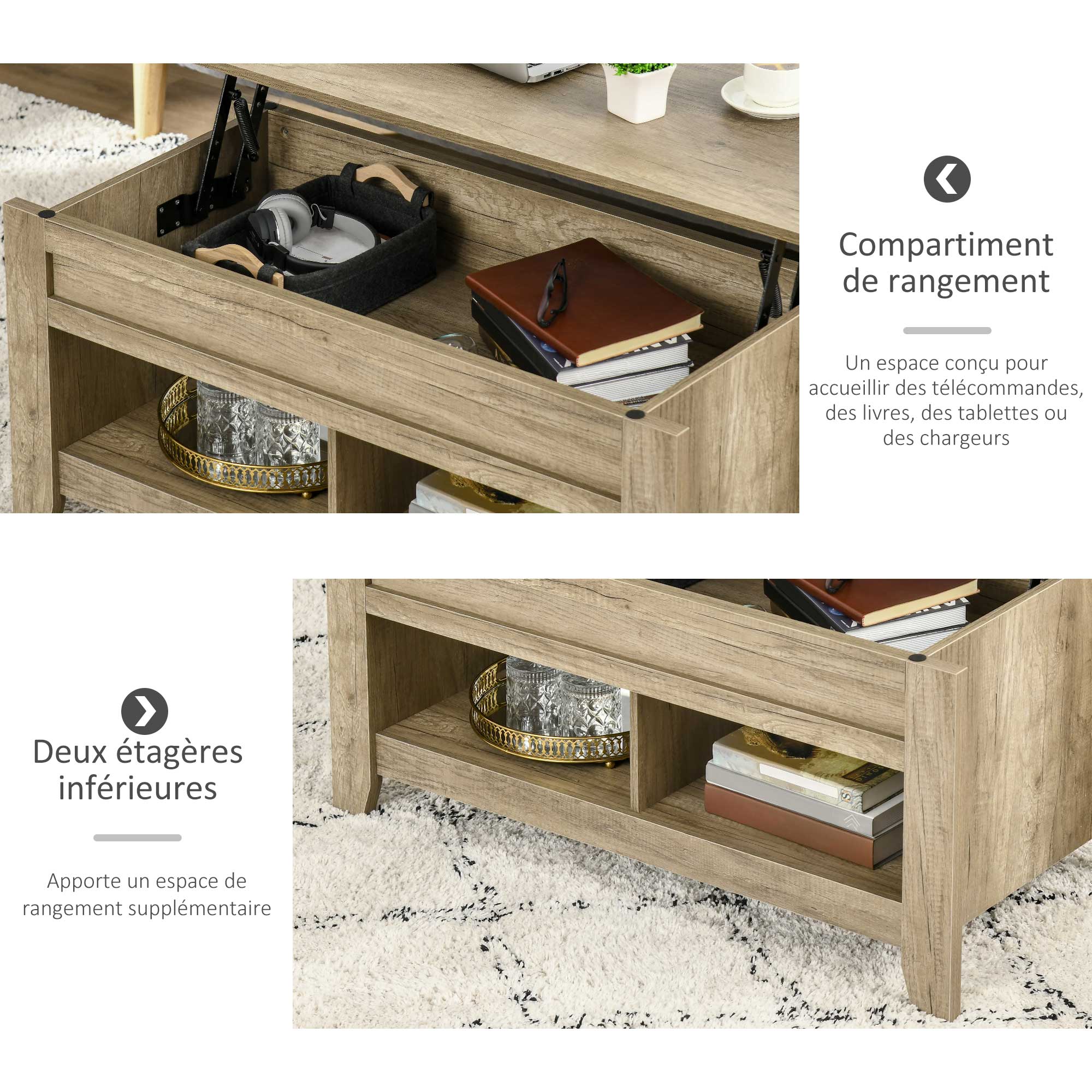 Table basse plateau relevable, table de salon avec étagères et compartiment caché,105 x 50 x 49-62,5 cm pour salon, chambre, aspect chêne clair