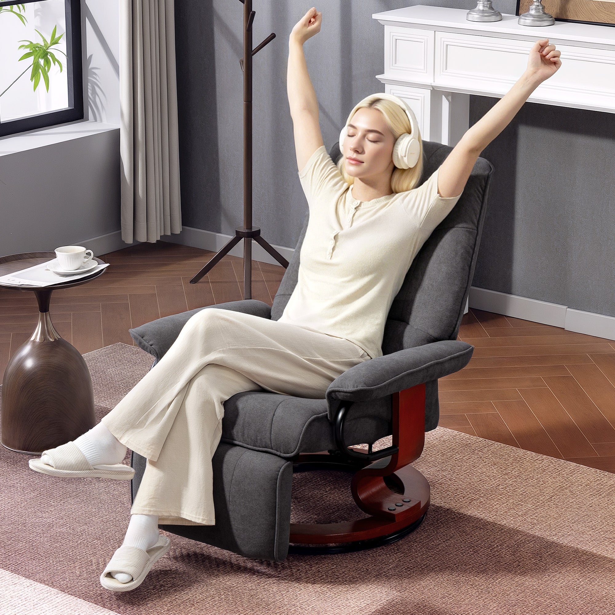 Fauteuil relax inclinable fauteuil de salon repose-pieds réglable pivotant 360° piètement bois tissu aspect lin gris