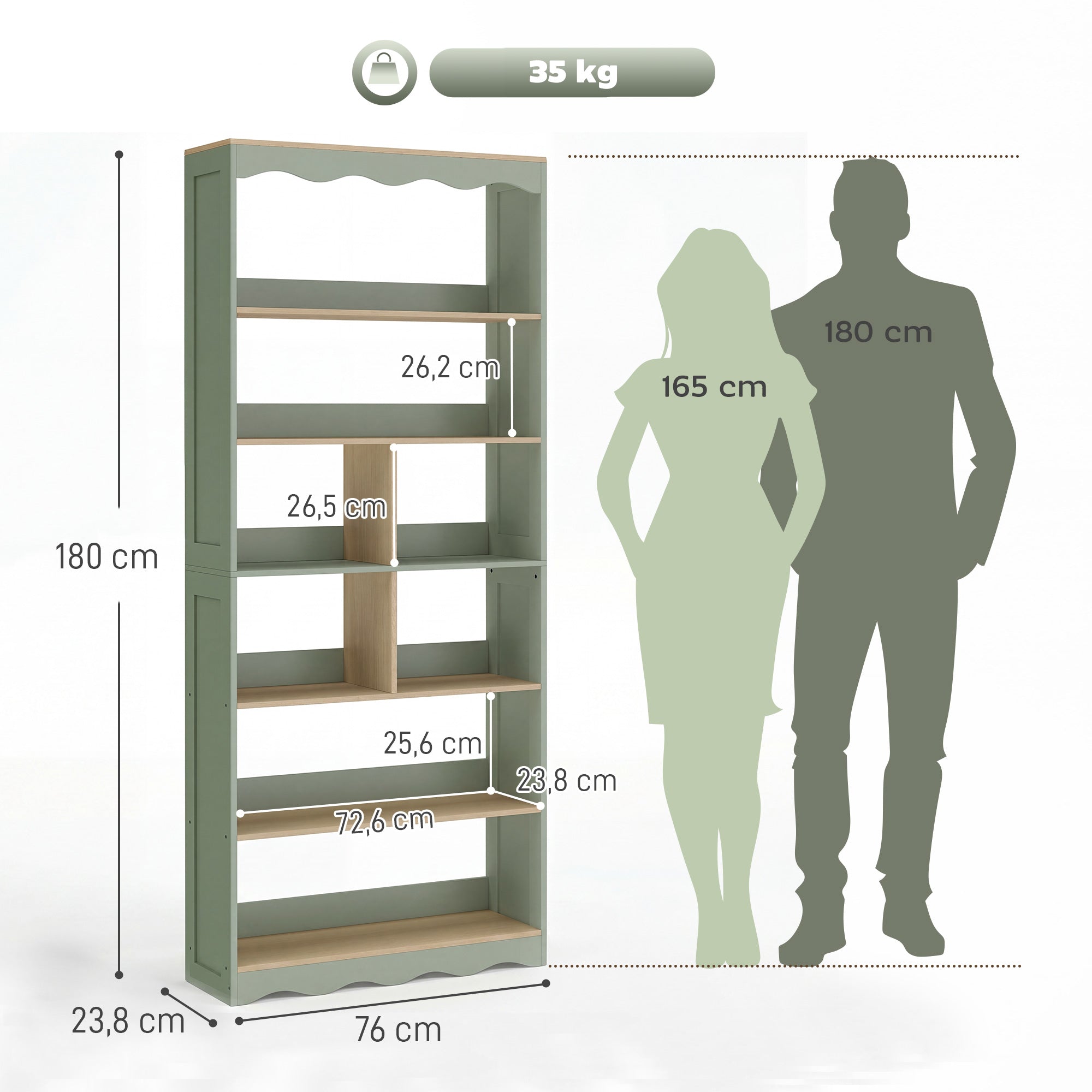 Bibliothèque, étagère de rangement à 6 niveaux avec 6 compartiments ouverts, meuble de rangement pour salon, bureau, chambre, 76 x 23,8 x 180 cm, bois naturel et vert