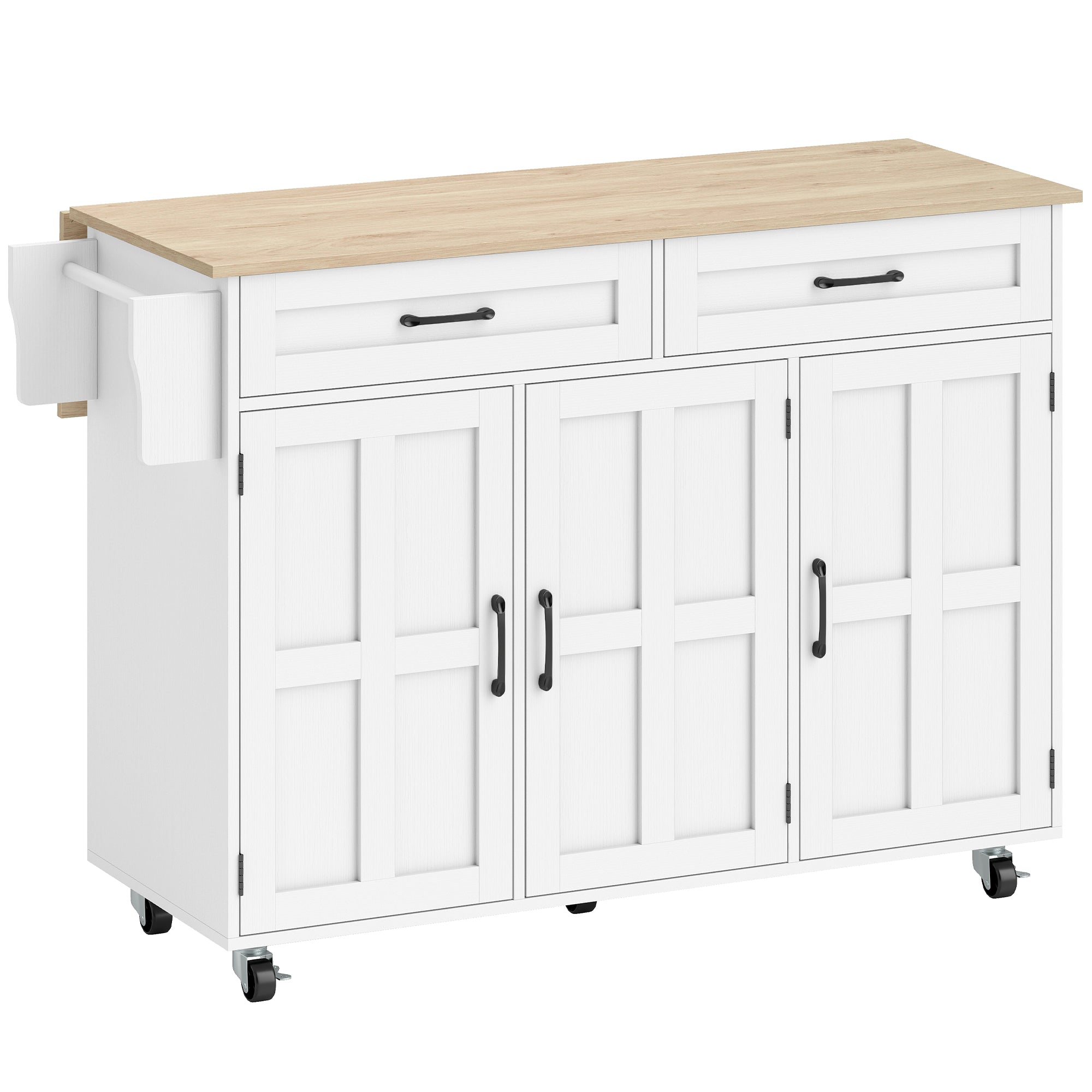 Îlot Central Cuisine avec Plateau Rabattable, Desserte de Cuisine sur Roulettes avec 2 Tiroirs, 3 Portes, Porte-Racks, Porte-Serviettes et Étagère Réglable, 129 x 72 x 90,5 cm, Blanc