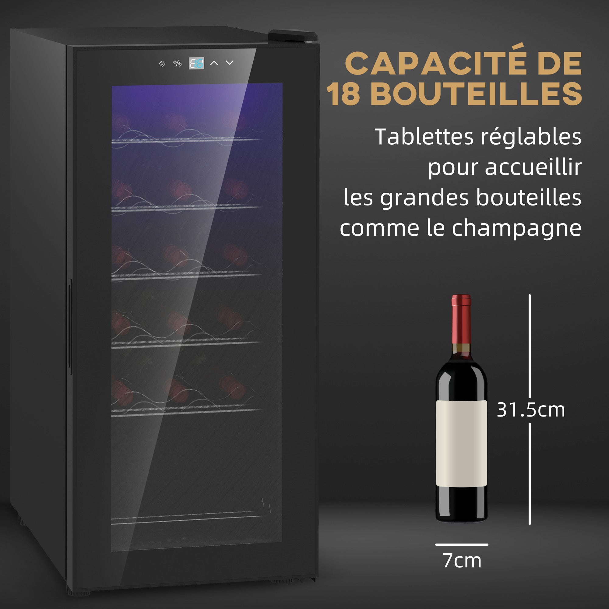 Cave à vin 18 bouteilles 50L réfrigérateur à vin silencieux avec porte en verre, étagères réglables, éclairage LED, écran tactile numérique, frigo vin contrôle de la température 5-18°C, noir