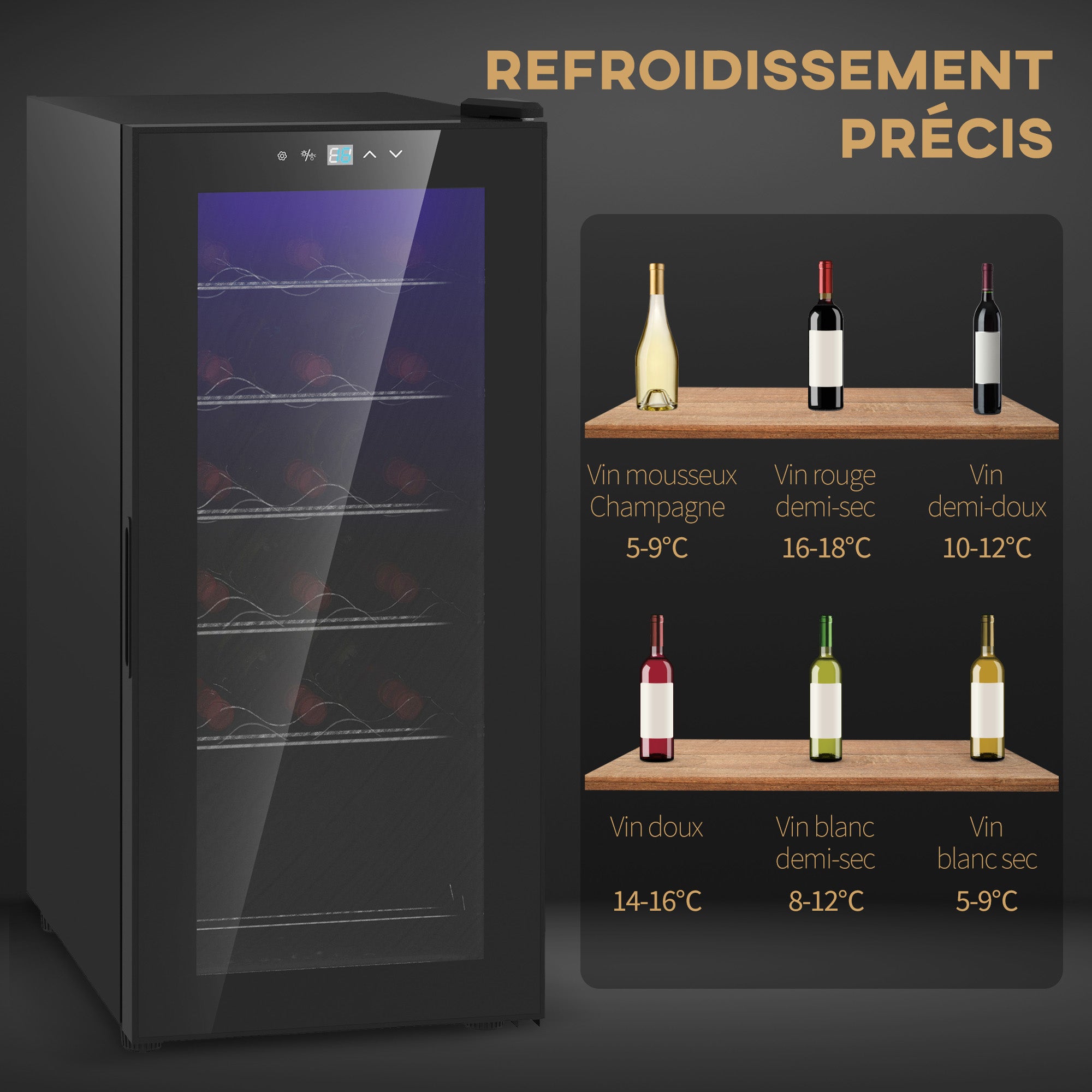 Cave à vin 18 bouteilles 50L réfrigérateur à vin silencieux avec porte en verre, étagères réglables, éclairage LED, écran tactile numérique, frigo vin contrôle de la température 5-18°C, noir