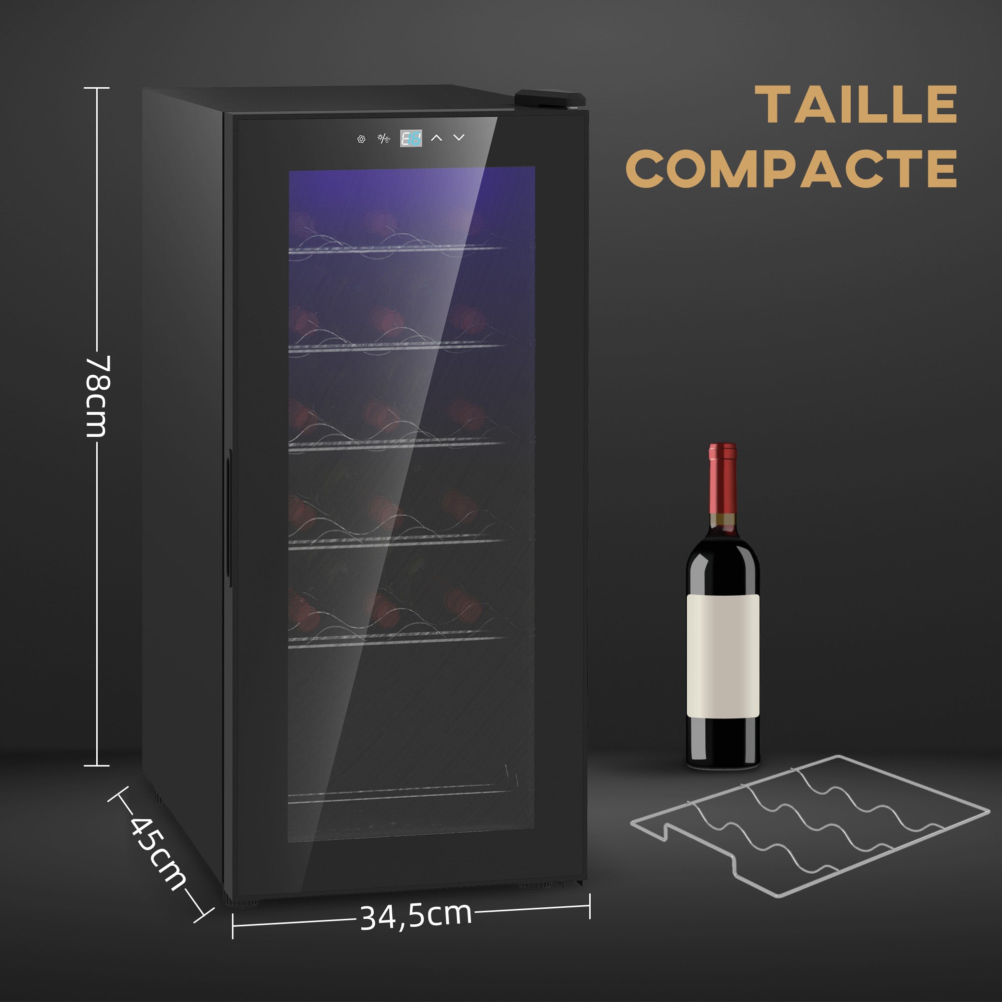 Cave à vin 18 bouteilles 50L réfrigérateur à vin silencieux avec porte en verre, étagères réglables, éclairage LED, écran tactile numérique, frigo vin contrôle de la température 5-18°C, noir