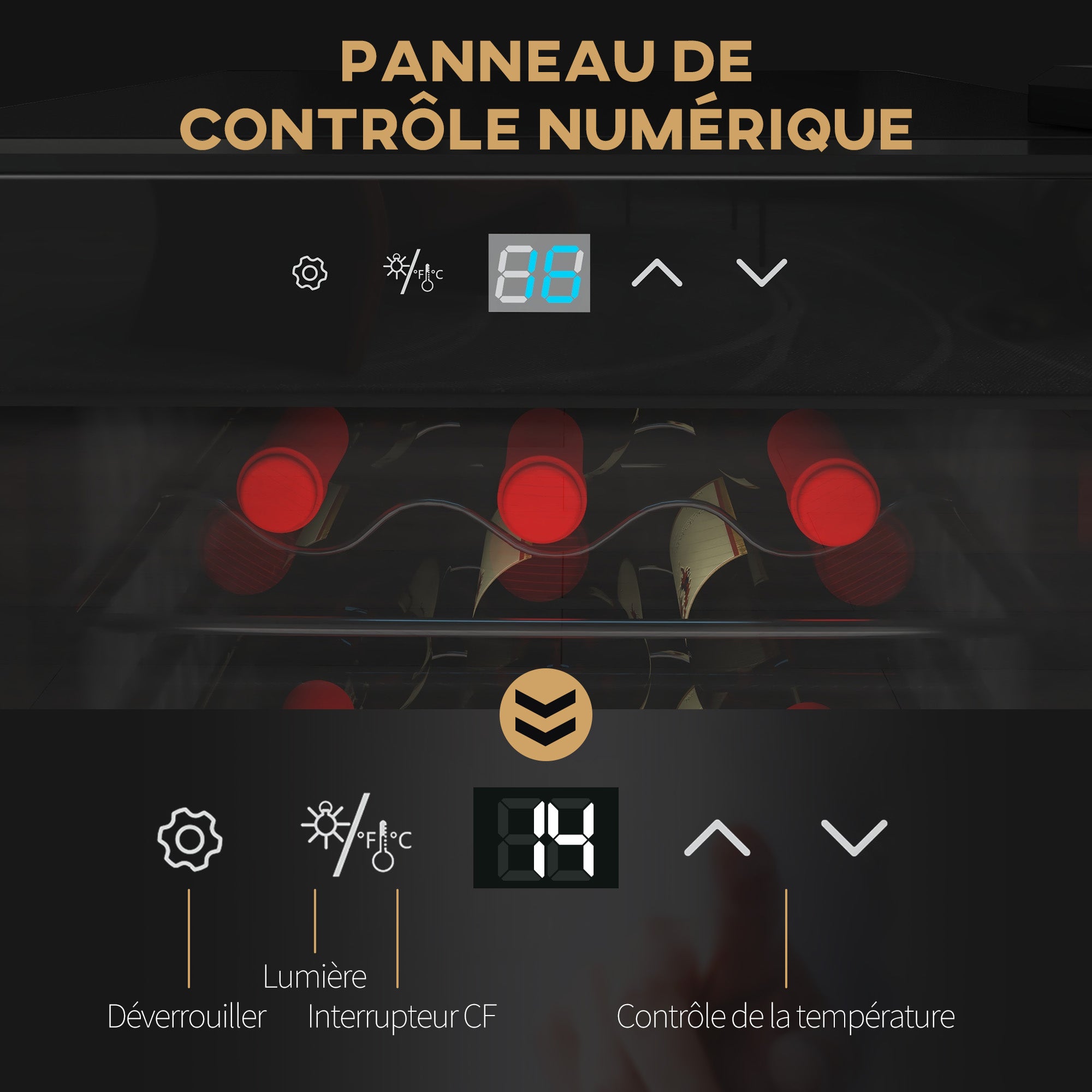 Cave à vin 18 bouteilles 50L réfrigérateur à vin silencieux avec porte en verre, étagères réglables, éclairage LED, écran tactile numérique, frigo vin contrôle de la température 5-18°C, noir