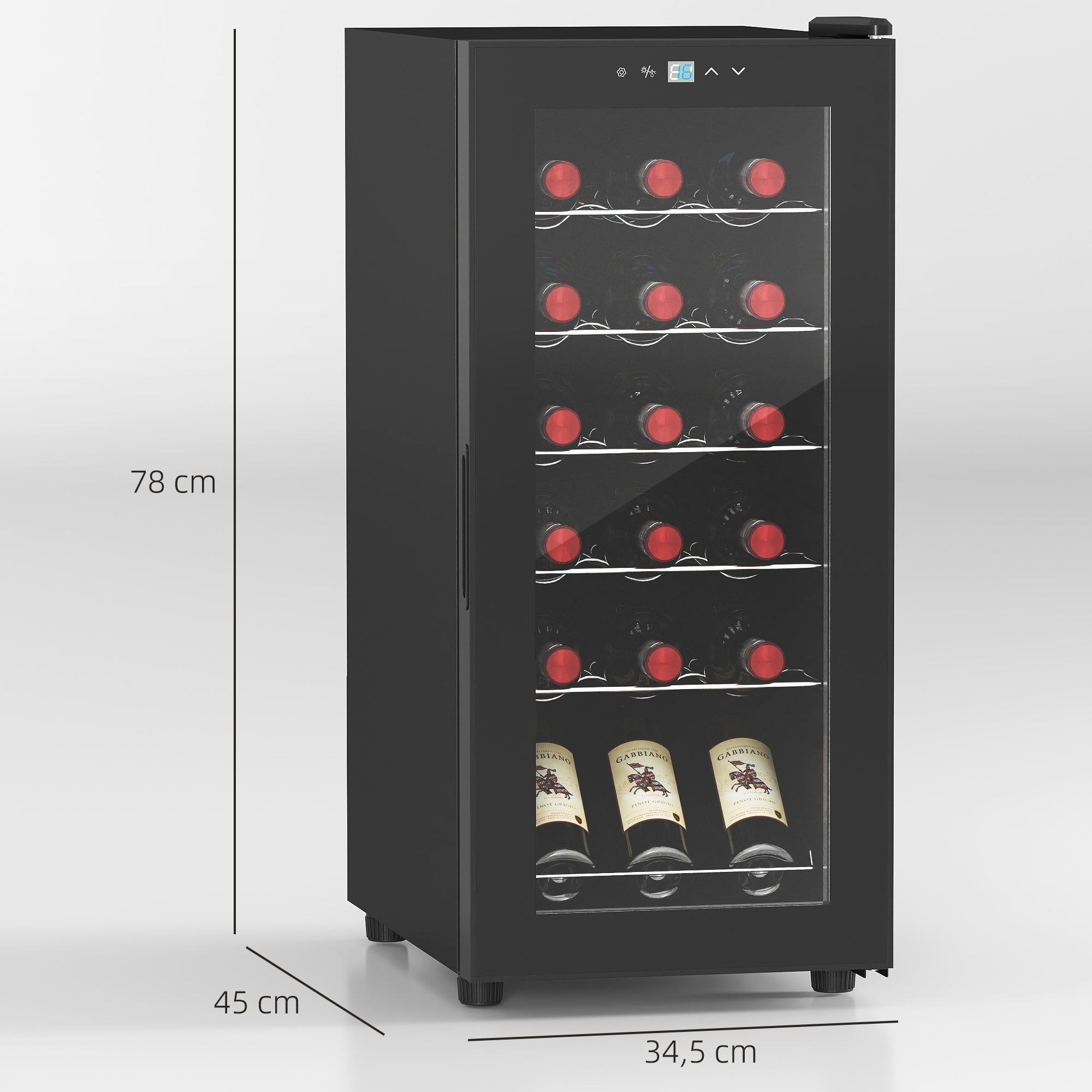 Cave à vin 18 bouteilles 50L réfrigérateur à vin silencieux avec porte en verre, étagères réglables, éclairage LED, écran tactile numérique, frigo vin contrôle de la température 5-18°C, noir