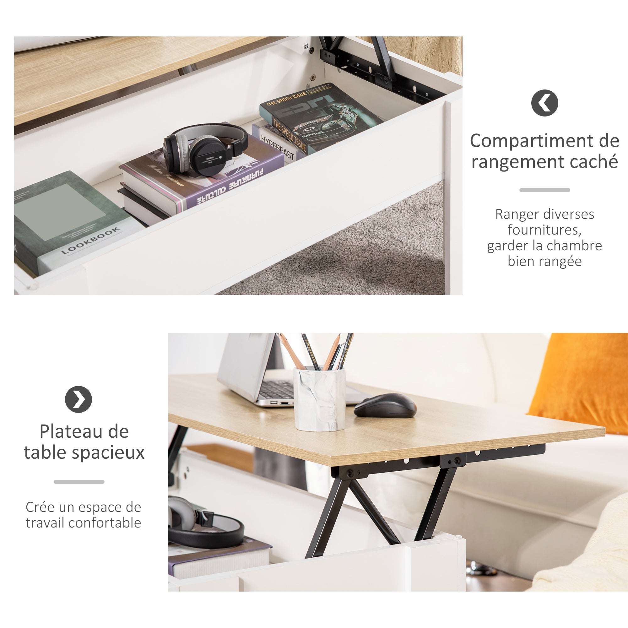 Table basse relevable, table de salon avec compartiment caché, style moderne, pour salon, bureau, 100 x 50 x 45 cm, blanc