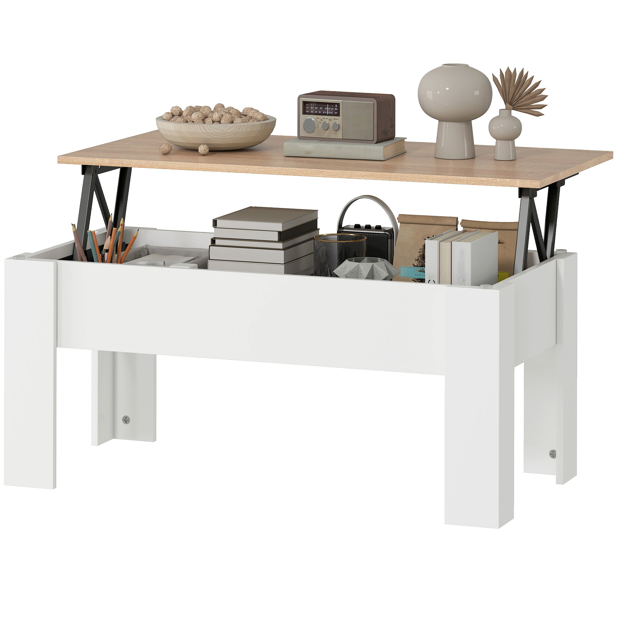 Table basse relevable, table de salon avec compartiment caché, style moderne, pour salon, bureau, 100 x 50 x 45 cm, blanc