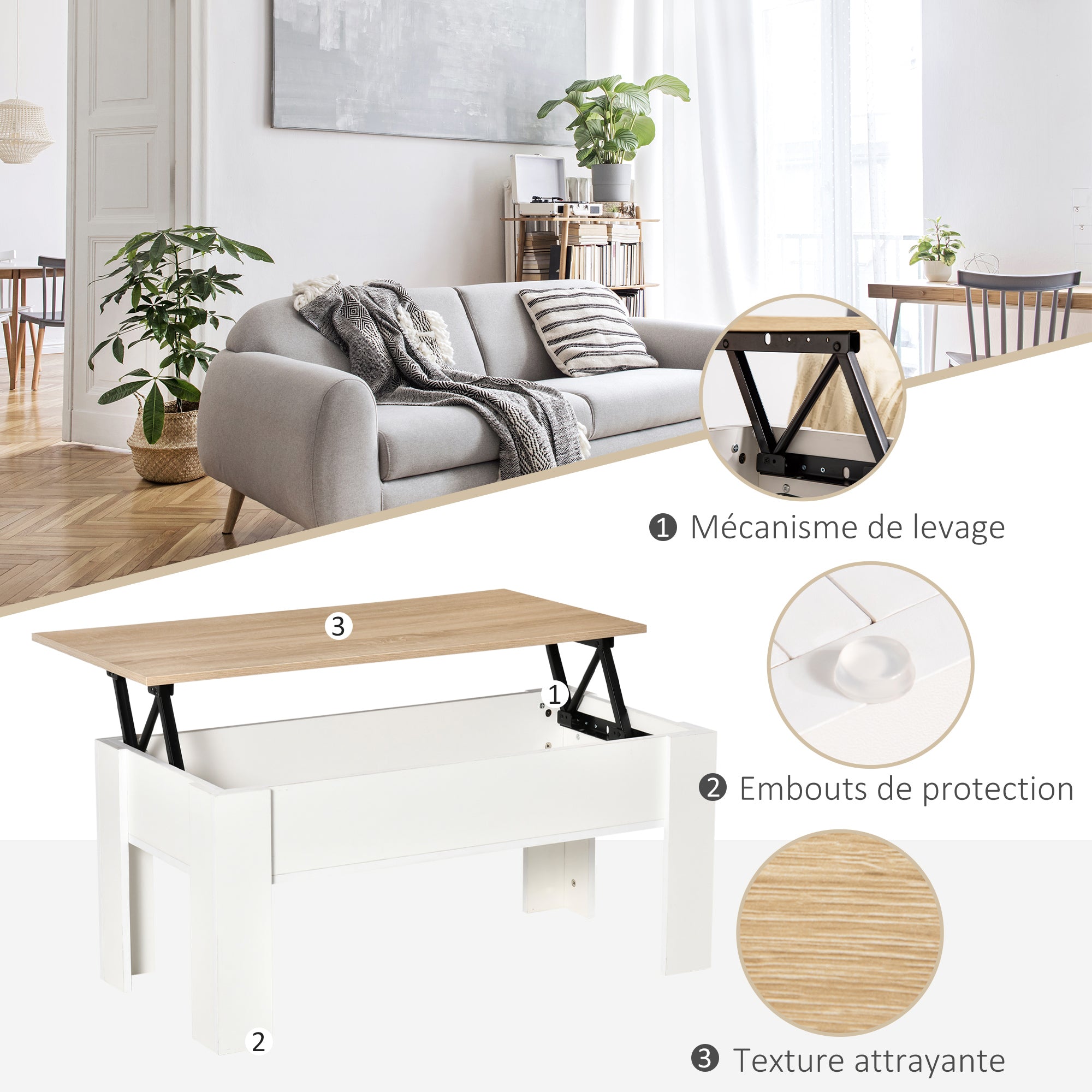 Table basse relevable, table de salon avec compartiment caché, style moderne, pour salon, bureau, 100 x 50 x 45 cm, blanc