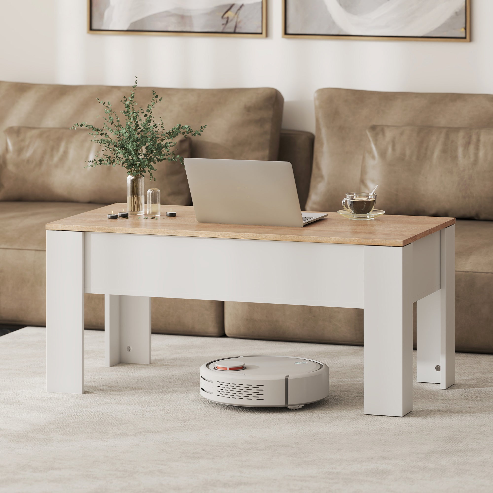 Table basse relevable, table de salon avec compartiment caché, style moderne, pour salon, bureau, 100 x 50 x 45 cm, blanc