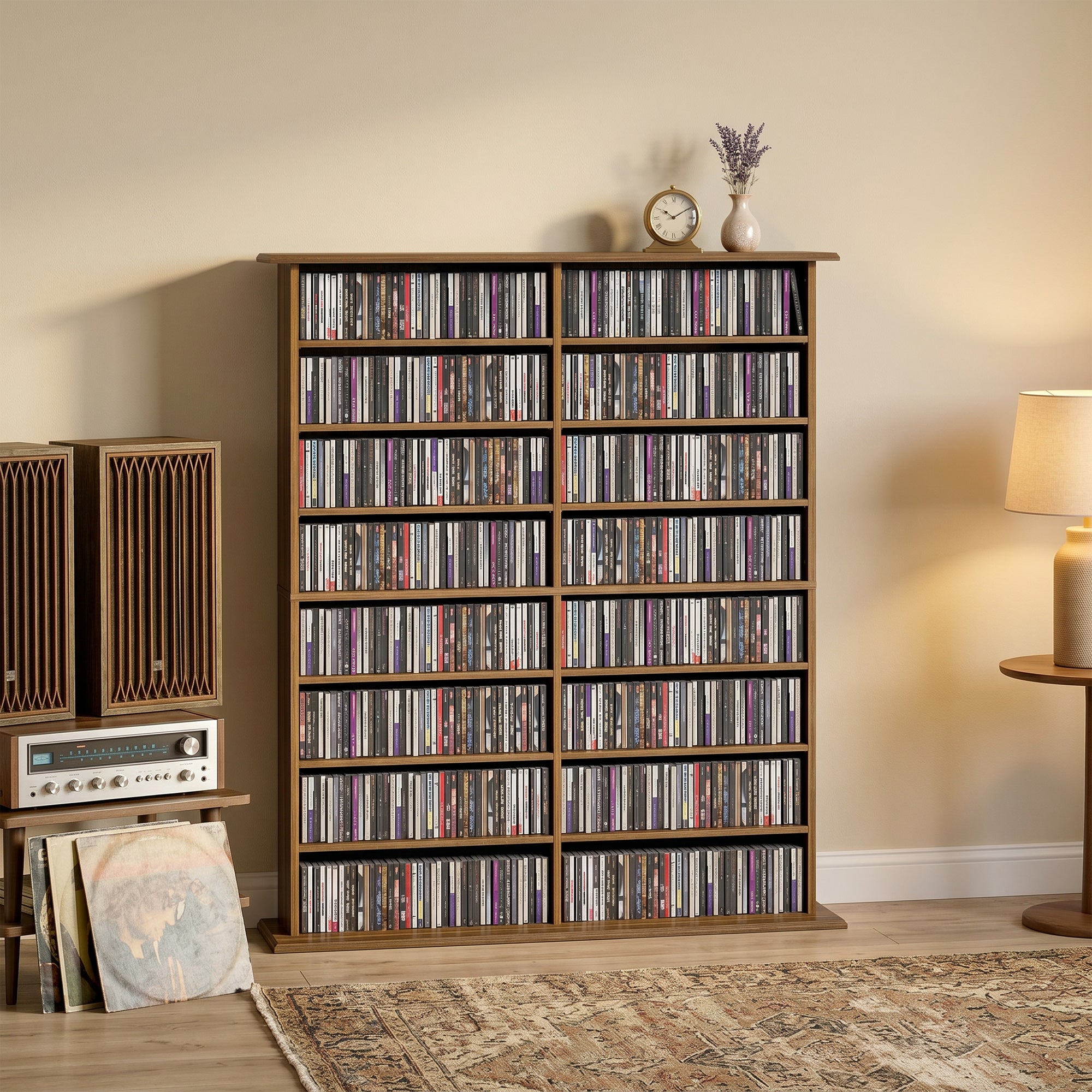 Rangements pour CD et DVD, meuble de rangement multimédia, capacité 720 CD/396 DVD et Blu-ray, 16 compartiments et 12 étagères réglables, pour salon, chambre, 106,5x24x126,3cm, noyer