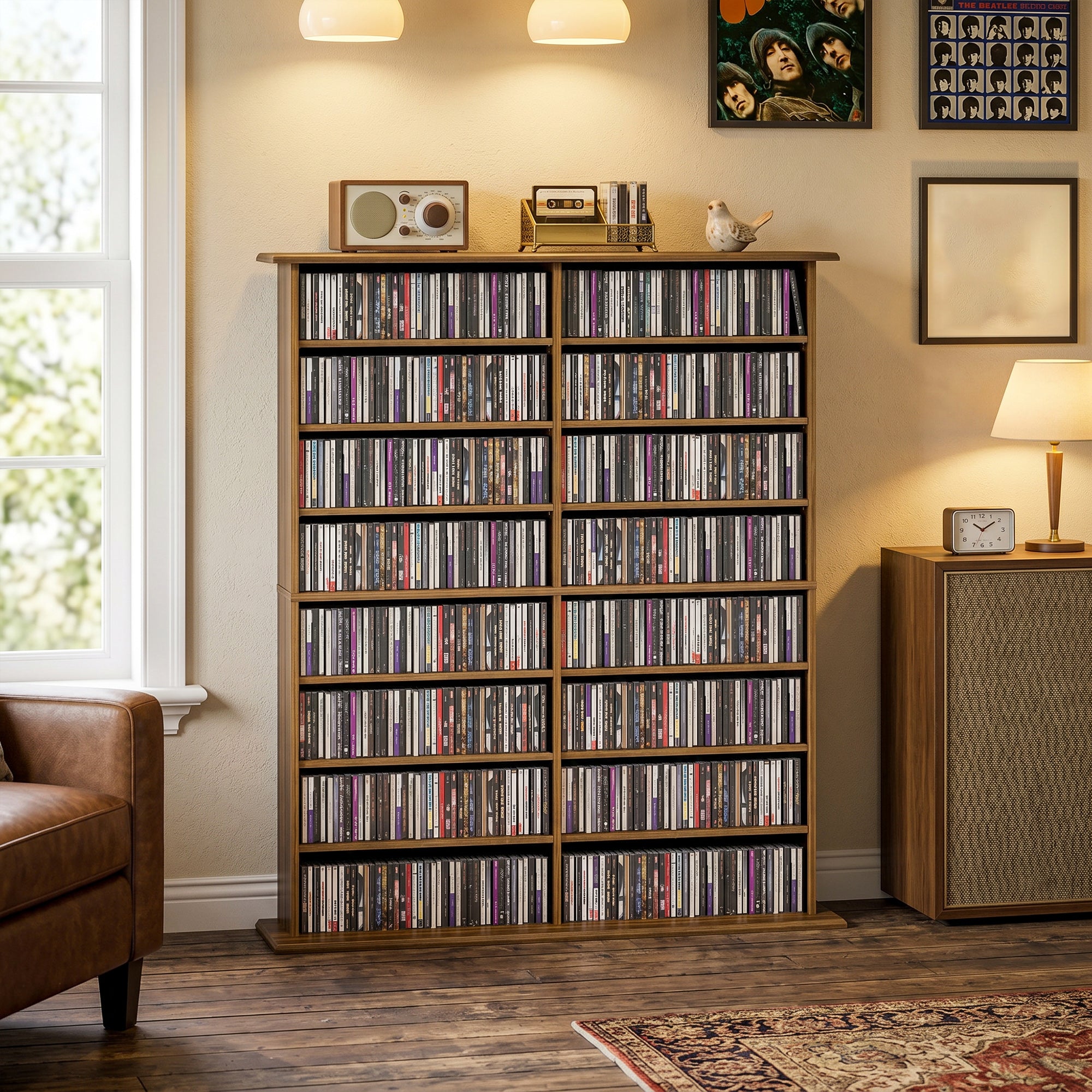 Rangements pour CD et DVD, meuble de rangement multimédia, capacité 720 CD/396 DVD et Blu-ray, 16 compartiments et 12 étagères réglables, pour salon, chambre, 106,5x24x126,3cm, noyer