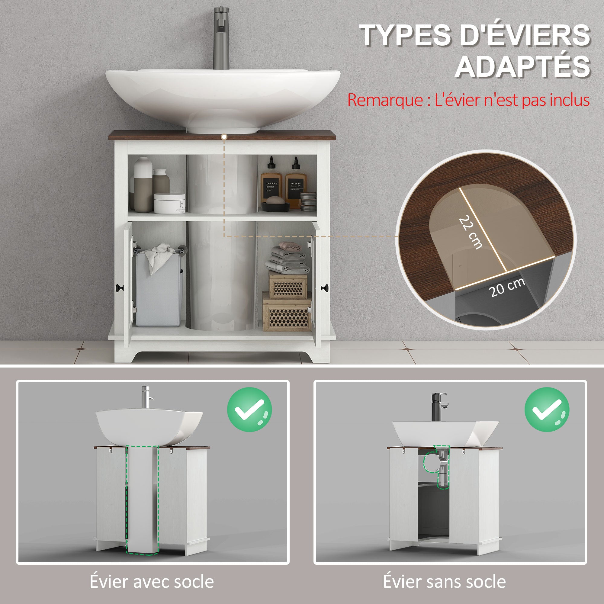 Meuble sous lavabo salle de bain meuble sous vasque armoire de rangement pour lavabo - niche et placard à portes doubles, 60 x 30 x 60 cm, blanc