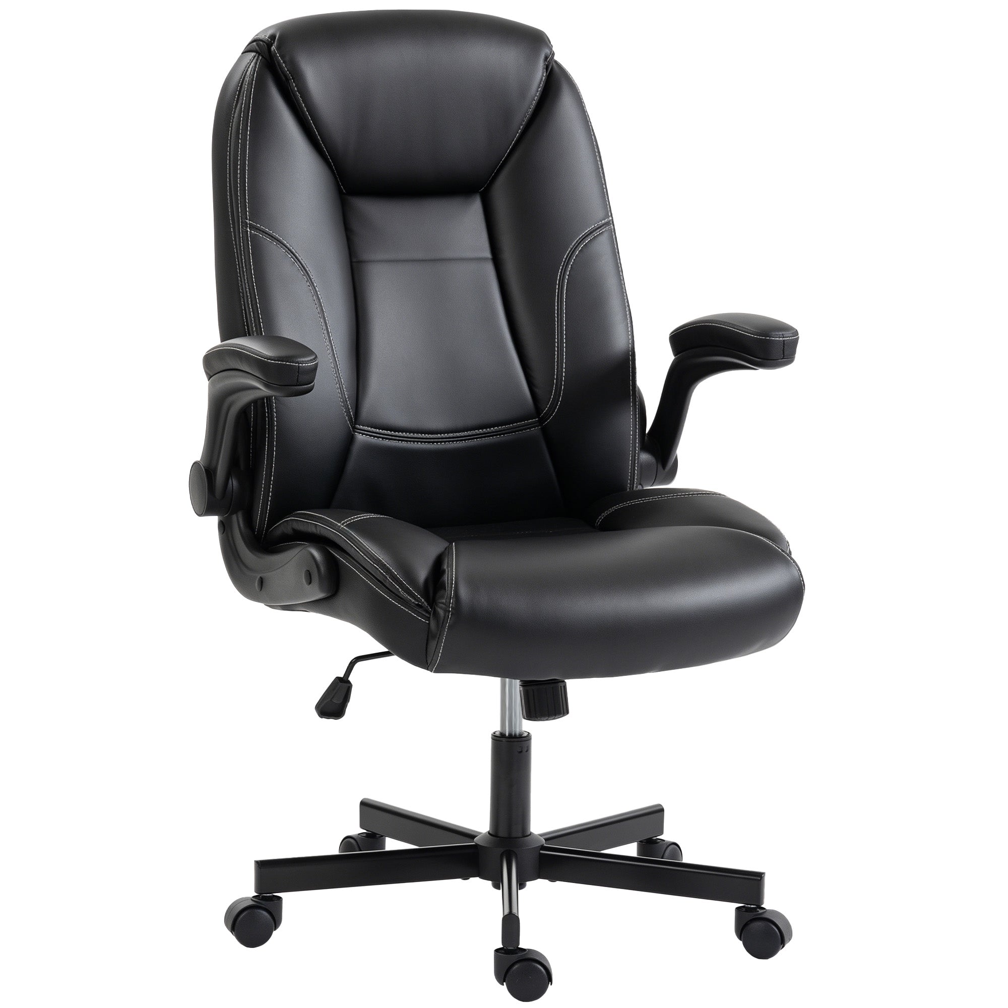 Chaise Bureau Ergonomique, Fauteuil de Bureau en PU, Accoudoirs Relevables, Dossier et Siège Zonés, Hauteur Réglable, Fonction Bascule, Travail Pivotante 360° pour Ordinateur, Noir