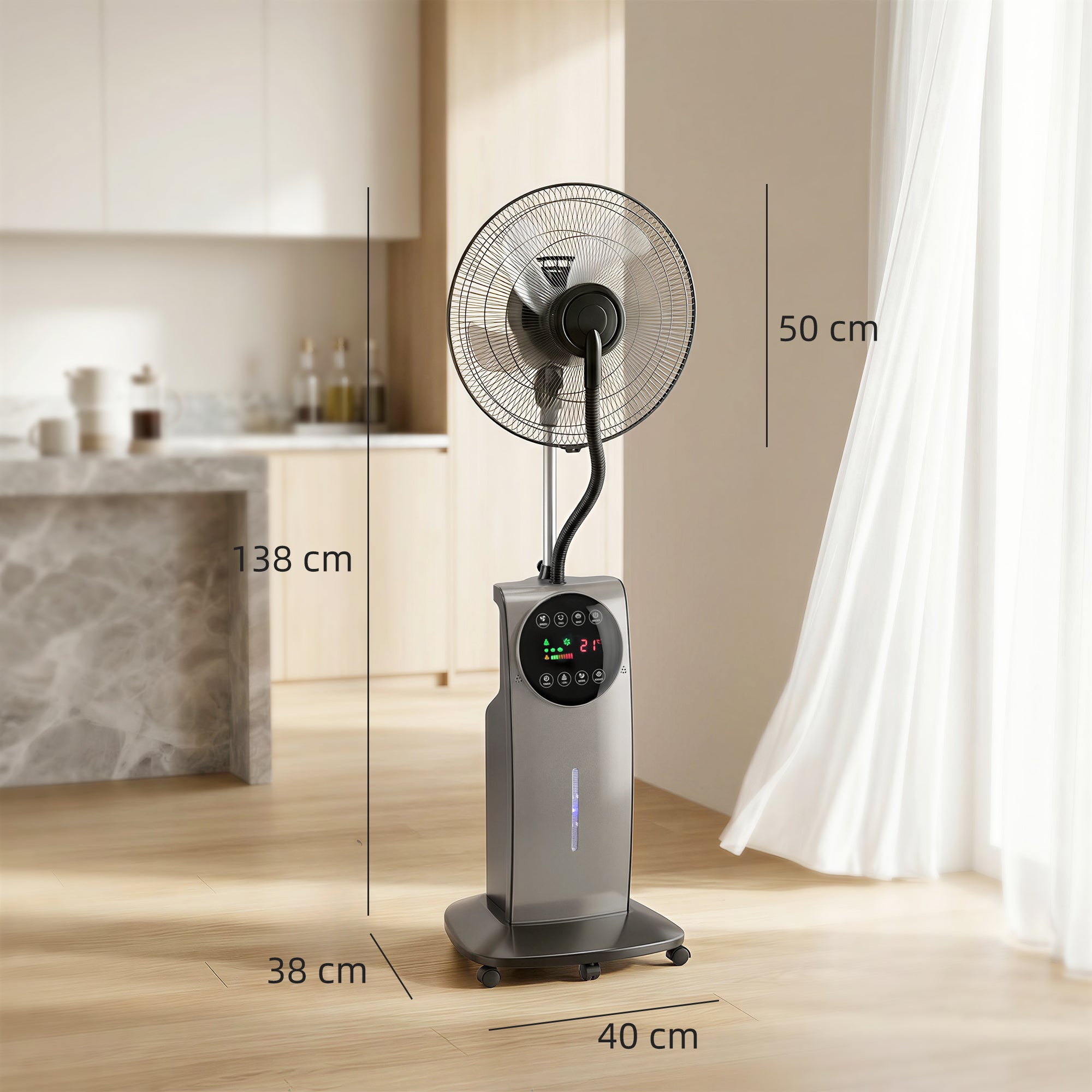 Ventilateur brumisateur silencieux 90W, ventilateur sur pied 138cm, oscillation 70°, 3 vitesses, 3 modes, ionisation négative, antimoustique, réservoir d'eau 3,1L, télécommande et minuterie 12h