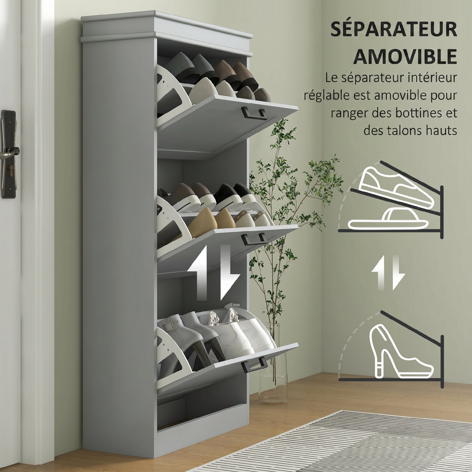 Meuble à chaussures 15 paires, armoire à chaussures étroite moderne avec 3 tiroirs rabattables et étagères réglables, pour couloir et entrée, 54 x 24 x 117,5 cm, gris
