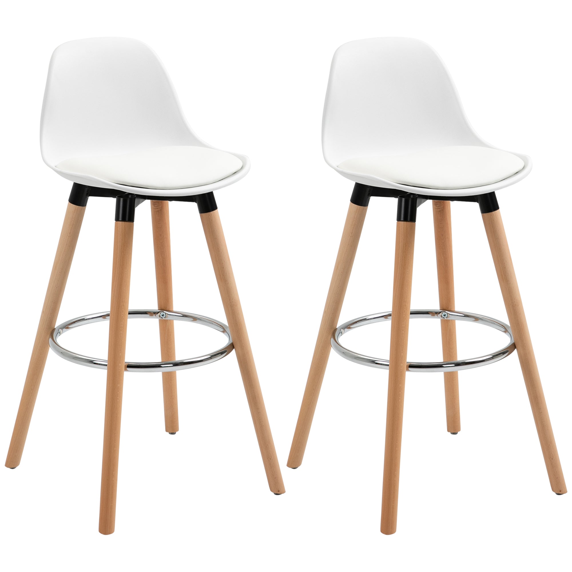 Lot de 2 tabourets de bar style scandinave hauteur 70 cm avec pieds en bois et repose-pieds en acier - blanc