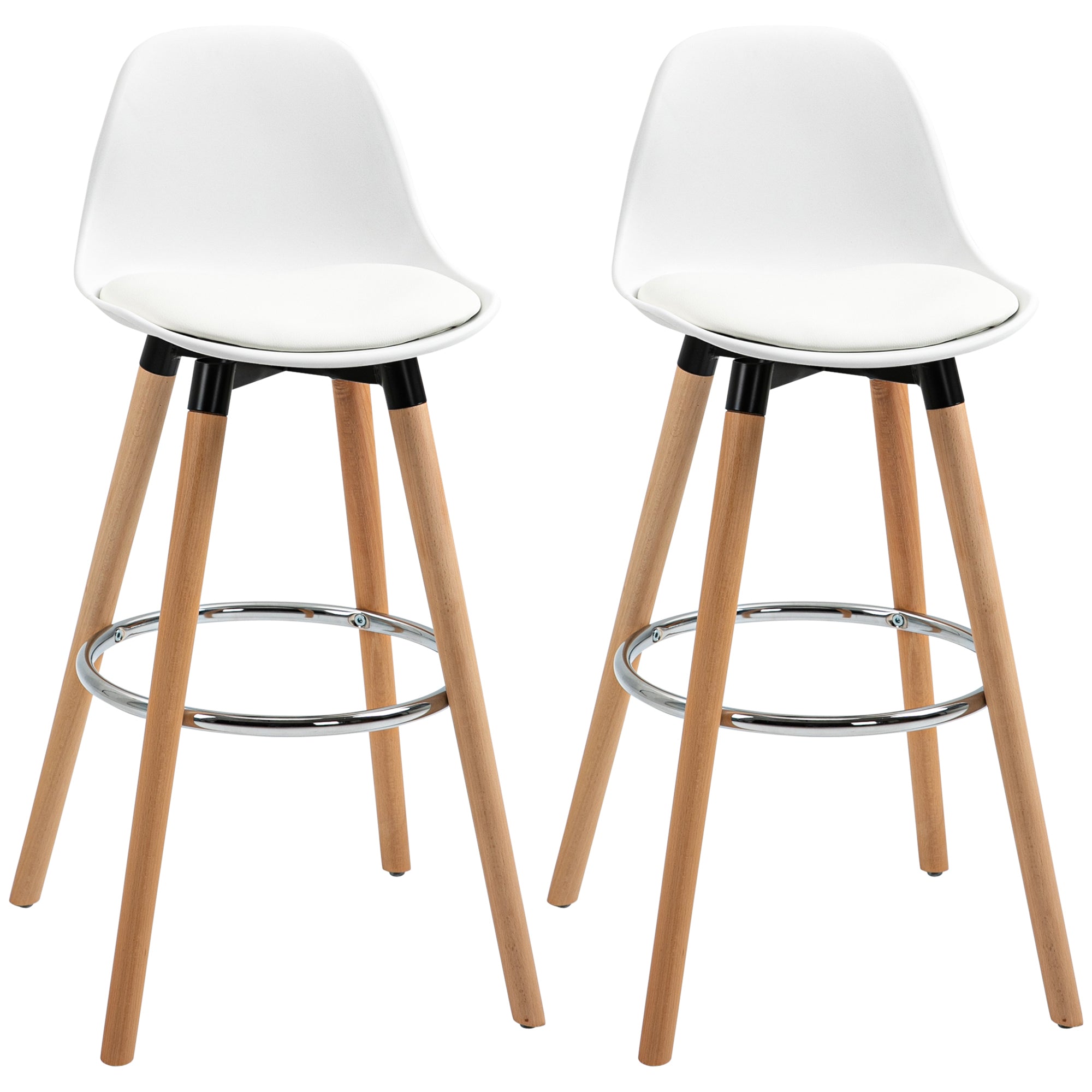 Lot de 2 tabourets de bar style scandinave hauteur 70 cm avec pieds en bois et repose-pieds en acier - blanc