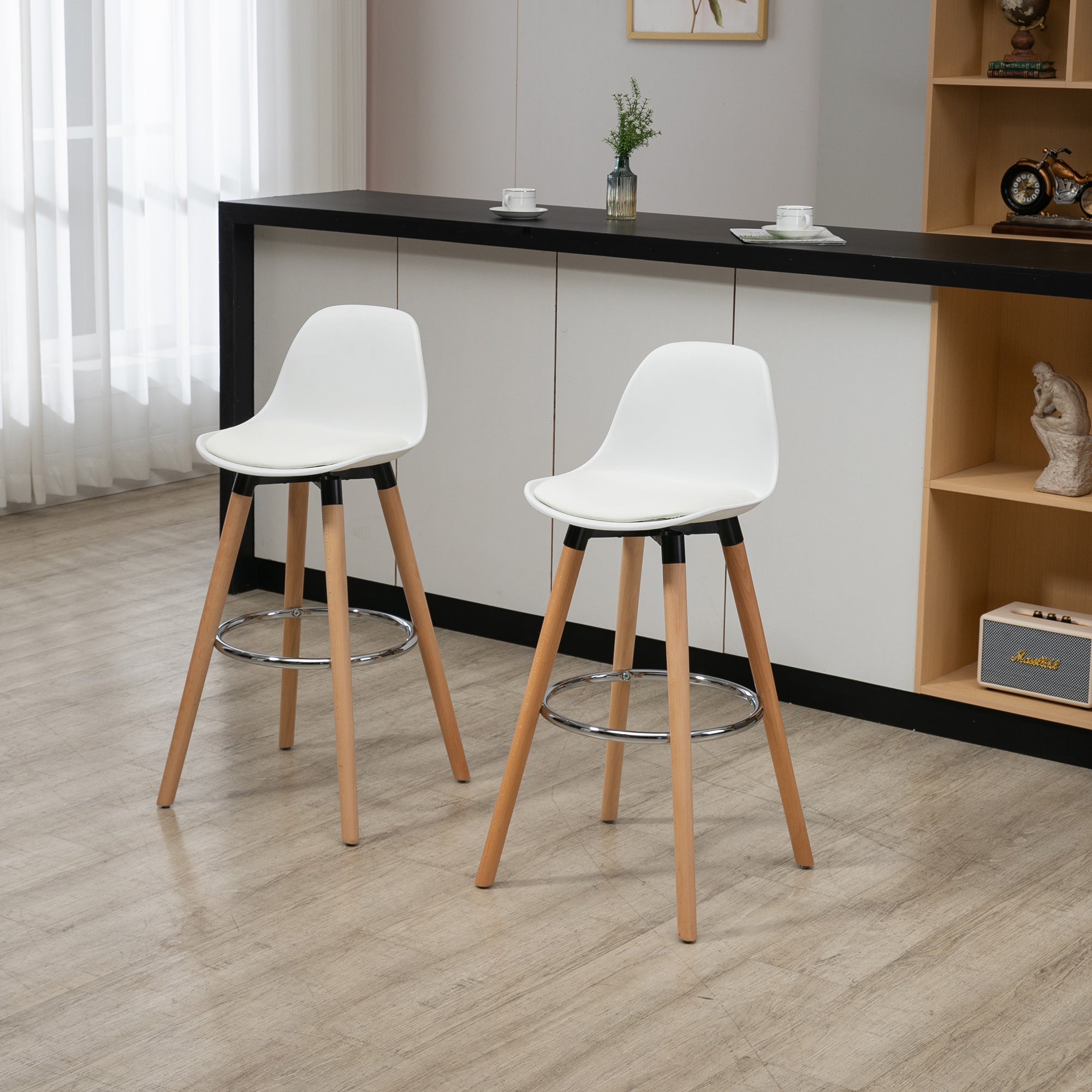 Lot de 2 tabourets de bar style scandinave hauteur 70 cm avec pieds en bois et repose-pieds en acier - blanc