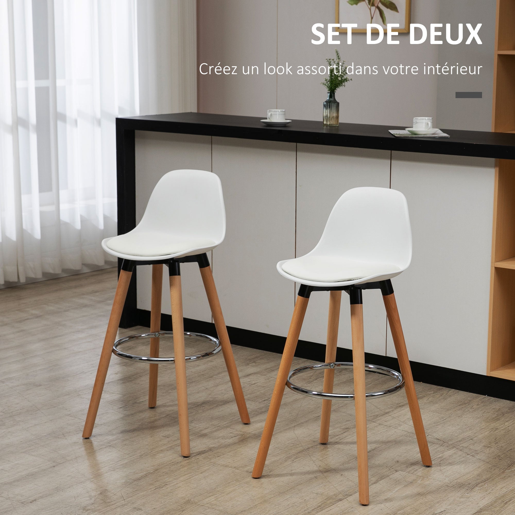 Lot de 2 tabourets de bar style scandinave hauteur 70 cm avec pieds en bois et repose-pieds en acier - blanc