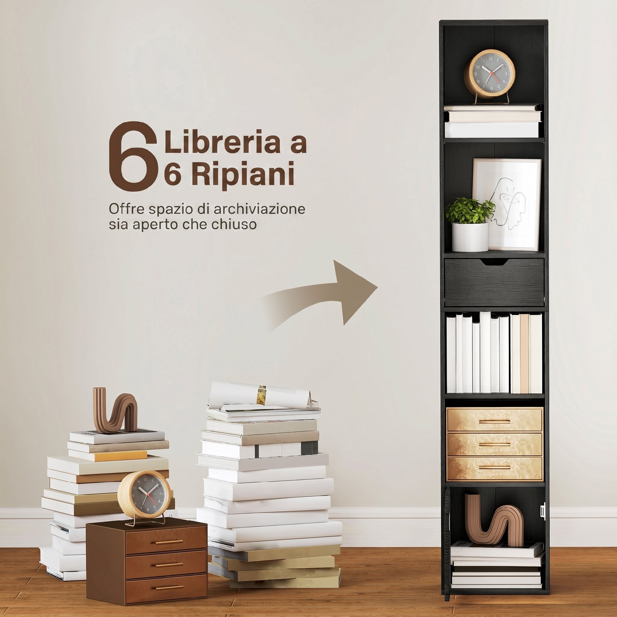 Bibliothèque Étagère à 6 Niveaux, Bibliothèque verticale gain de place avec armoire, étagère réglable et tiroir, pour salon chambre bureau studio, 30x24x158 cm, Noir