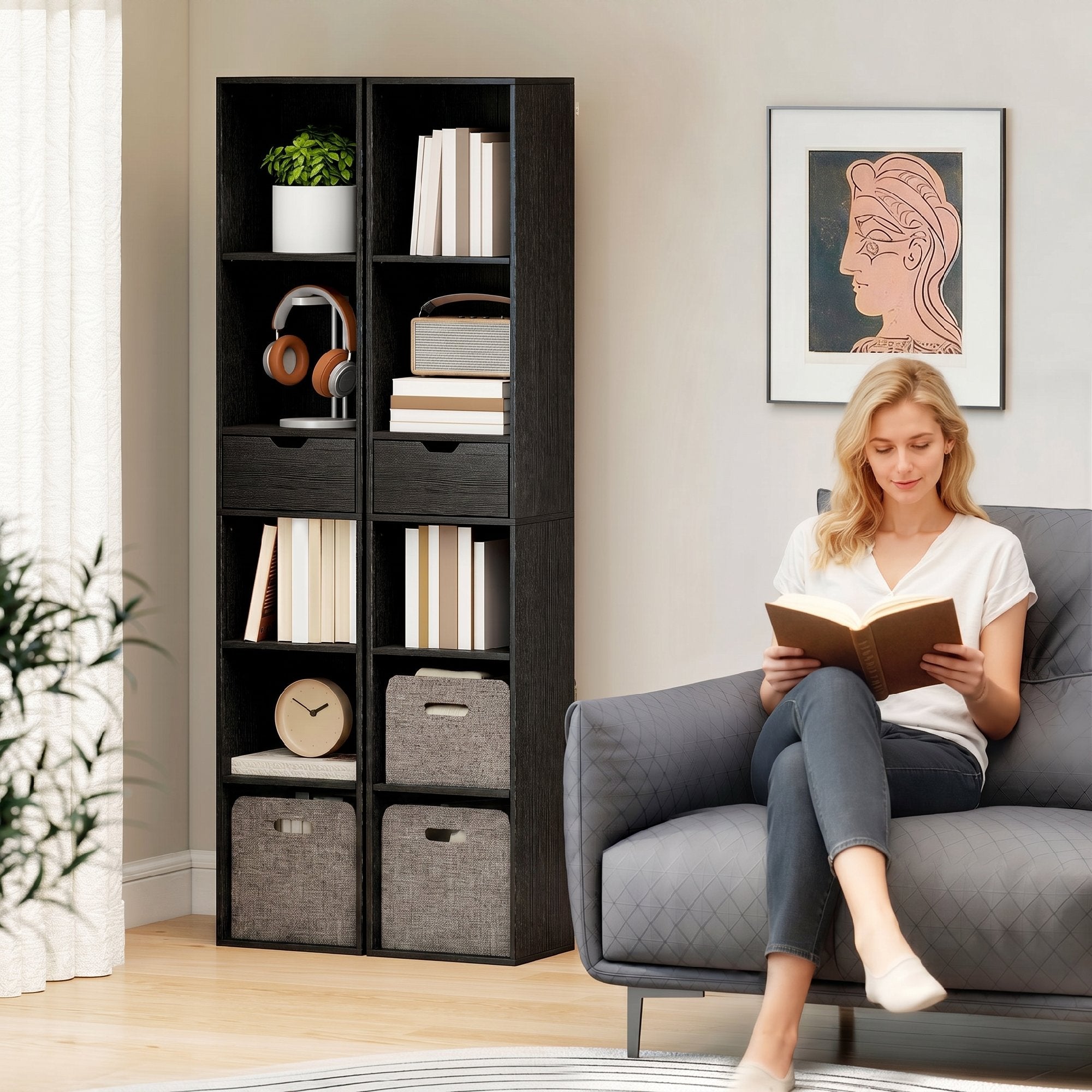 Bibliothèque Étagère à 6 Niveaux, Bibliothèque verticale gain de place avec armoire, étagère réglable et tiroir, pour salon chambre bureau studio, 30x24x158 cm, Noir