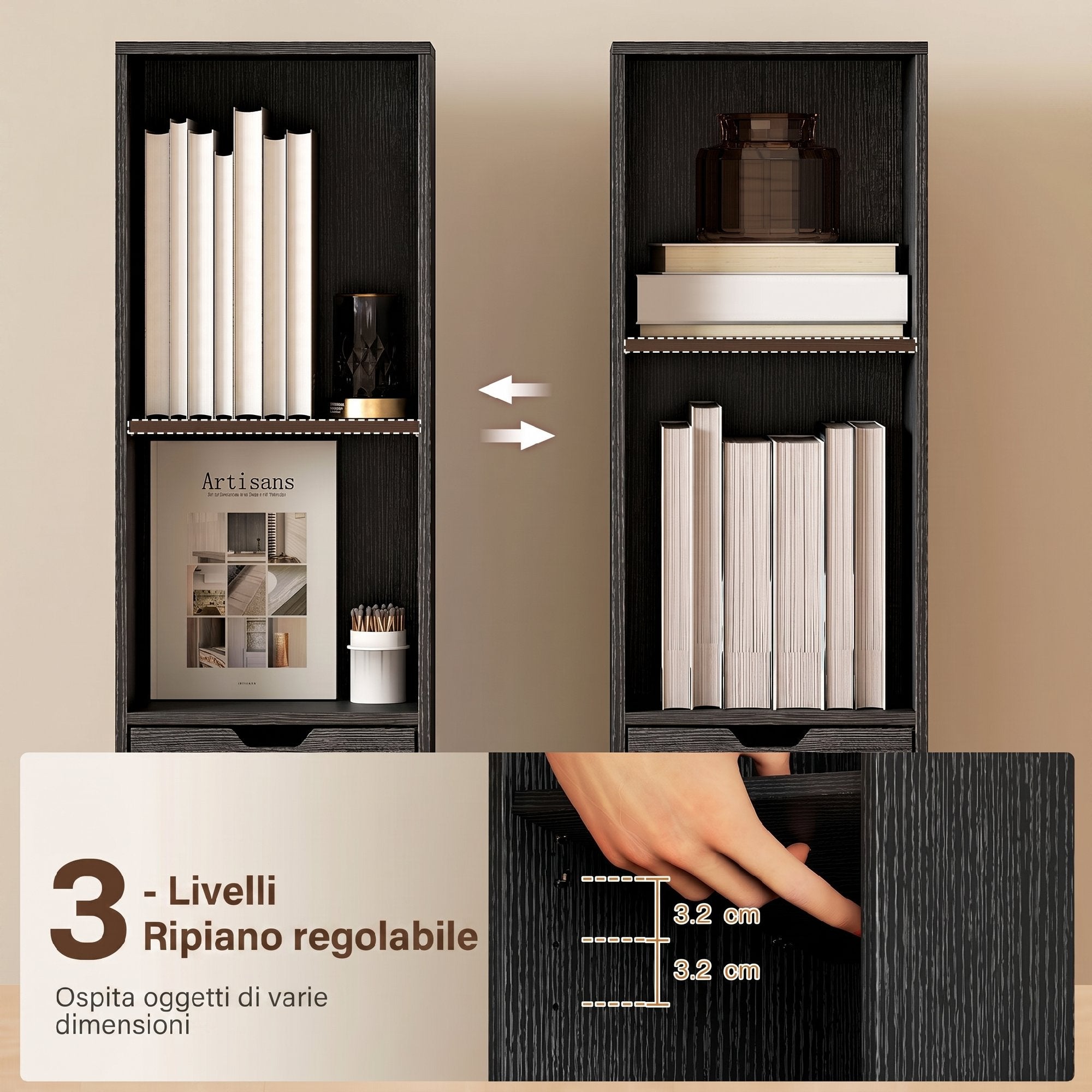 Bibliothèque Étagère à 6 Niveaux, Bibliothèque verticale gain de place avec armoire, étagère réglable et tiroir, pour salon chambre bureau studio, 30x24x158 cm, Noir