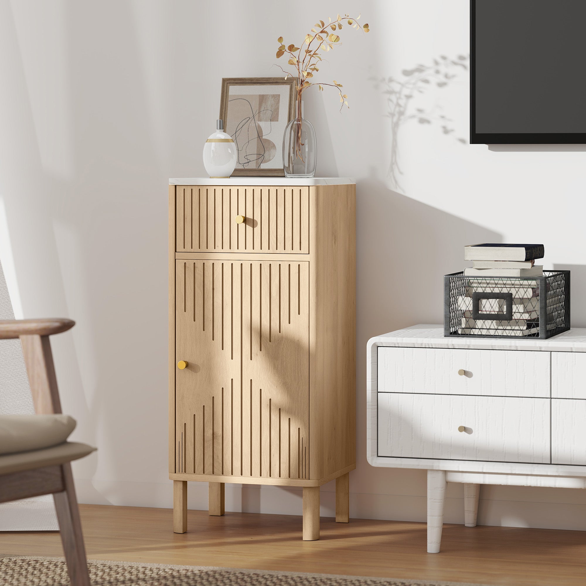 Meuble de salle de bain, meuble de rangement avec plateau effet marbre et porte rainurée, tiroir et étagère réglable, armoire salle de bain, salon, chambre, 36 x 30 x 80 cm, chêne