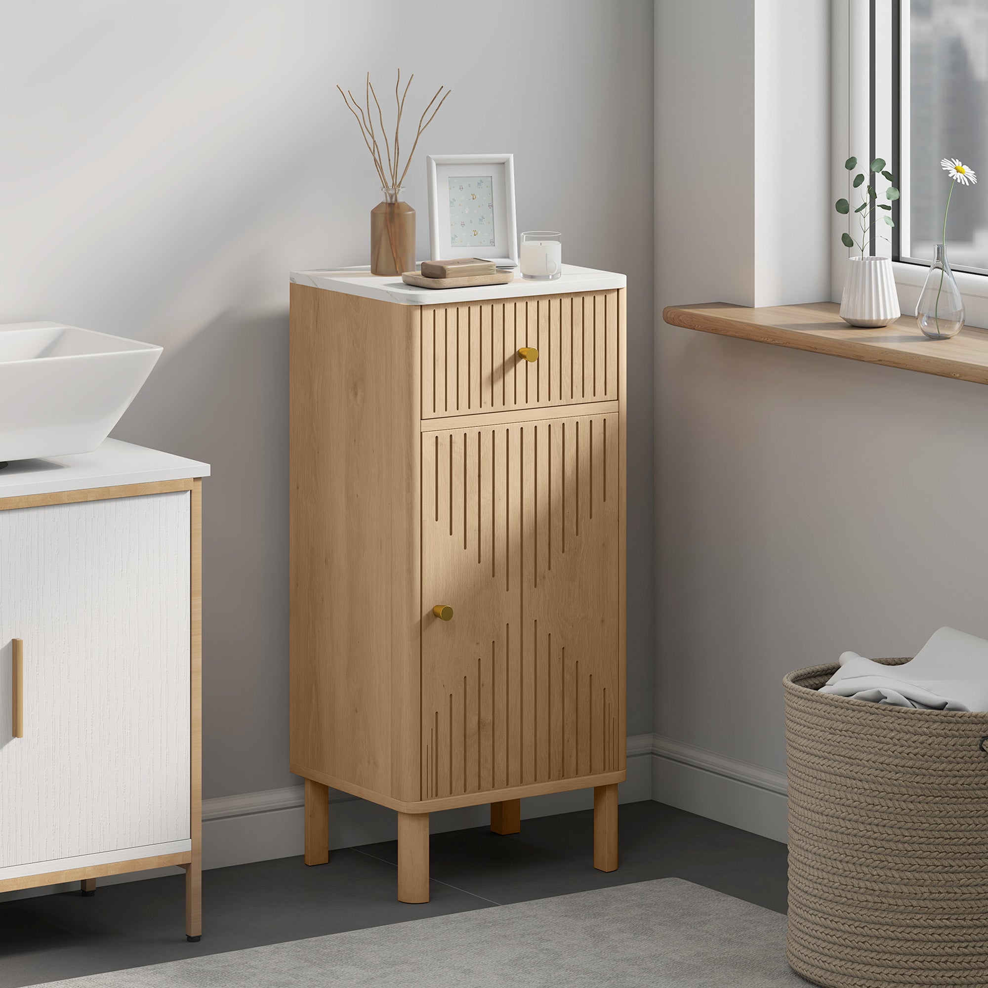 Meuble de salle de bain, meuble de rangement avec plateau effet marbre et porte rainurée, tiroir et étagère réglable, armoire salle de bain, salon, chambre, 36 x 30 x 80 cm, chêne