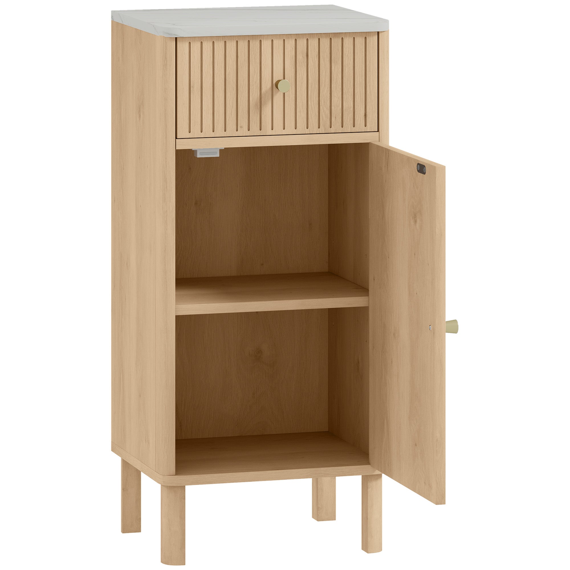 Meuble de salle de bain, meuble de rangement avec plateau effet marbre et porte rainurée, tiroir et étagère réglable, armoire salle de bain, salon, chambre, 36 x 30 x 80 cm, chêne