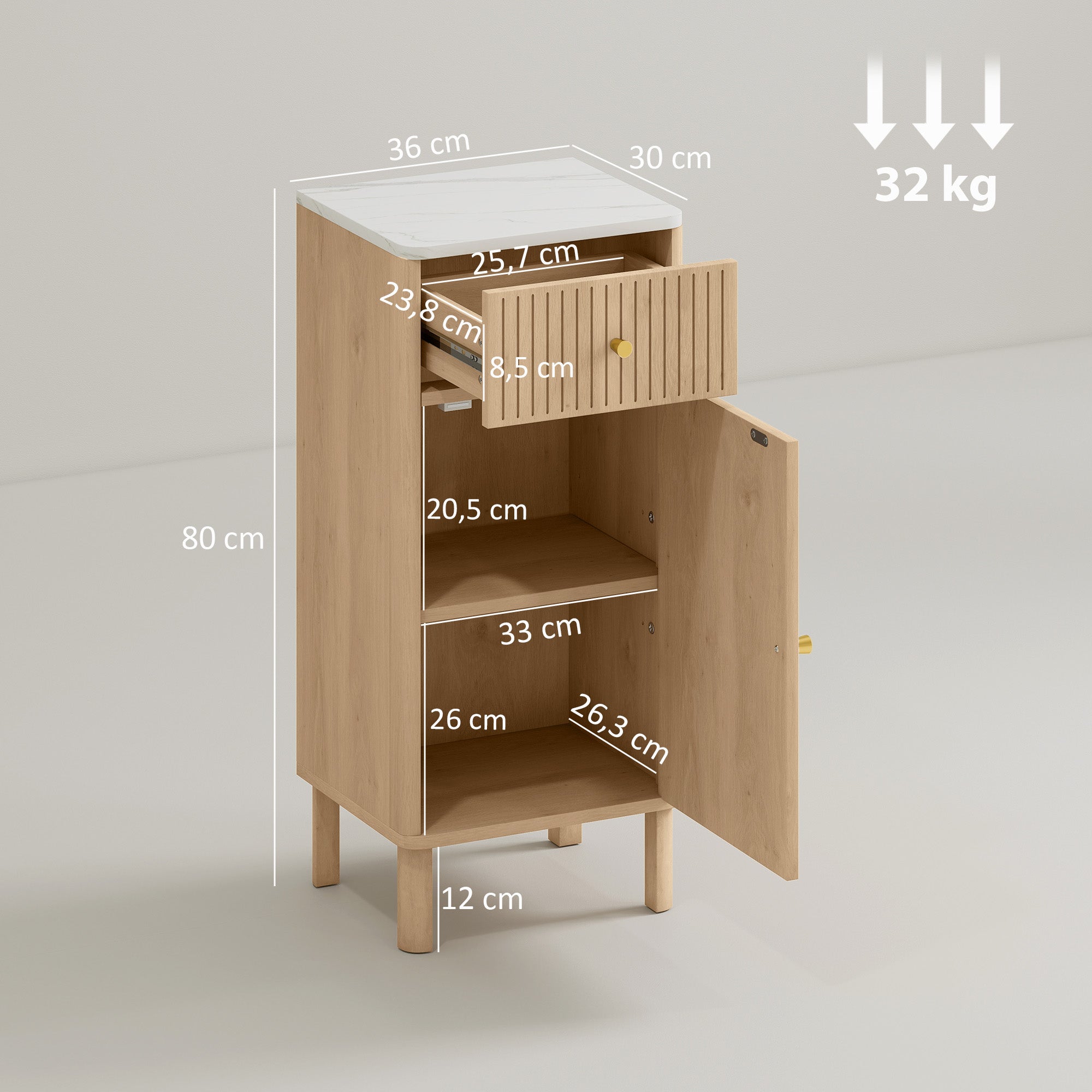 Meuble de salle de bain, meuble de rangement avec plateau effet marbre et porte rainurée, tiroir et étagère réglable, armoire salle de bain, salon, chambre, 36 x 30 x 80 cm, chêne