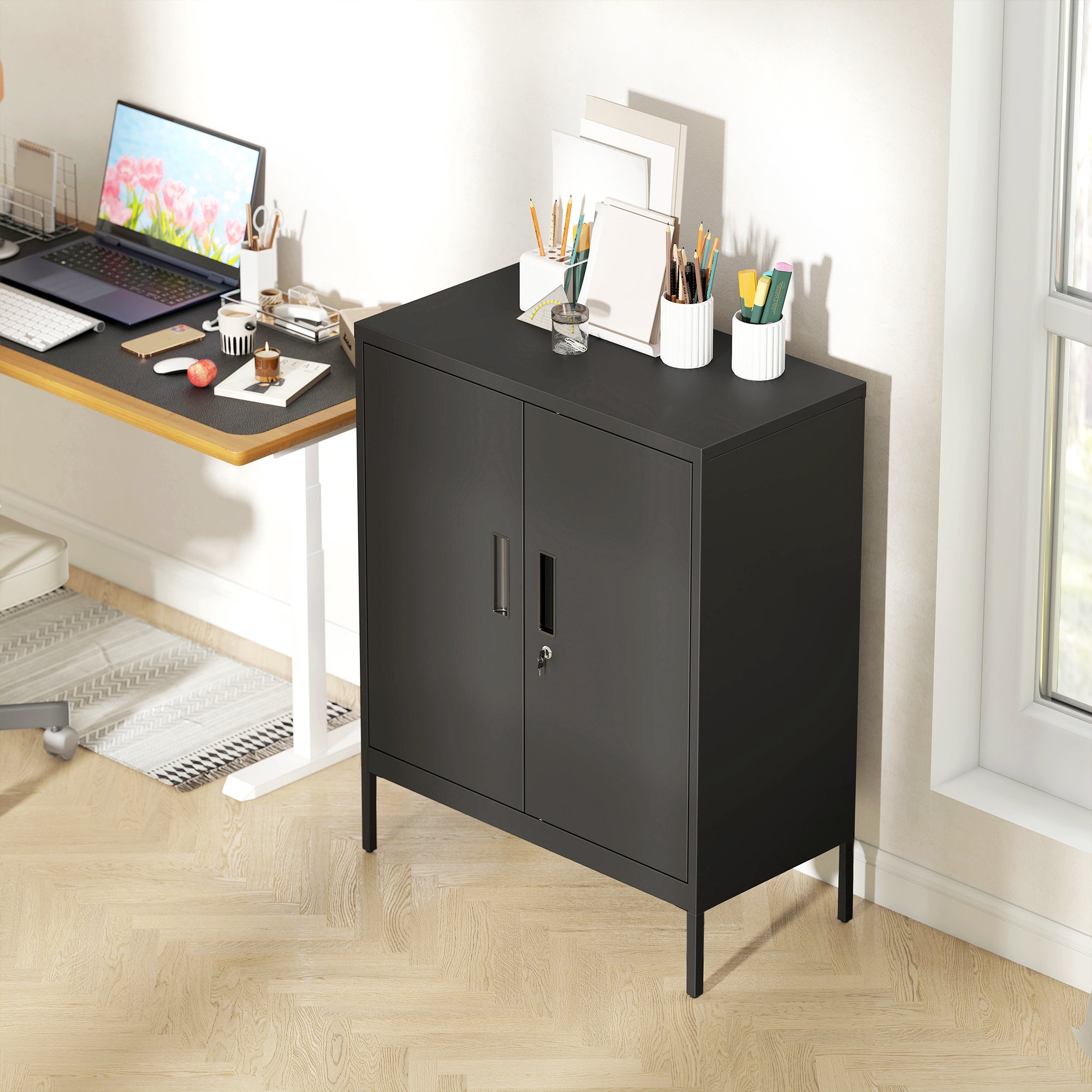 Armoire de Bureau Métallique, 80 x 40 x 100 cm, Meuble de Rangement en Acier avec Serrure, 2 Portes et 2 Étagères Réglables, Classeur Rangement Documents Industriel pour Bureau ou Garage, Noir